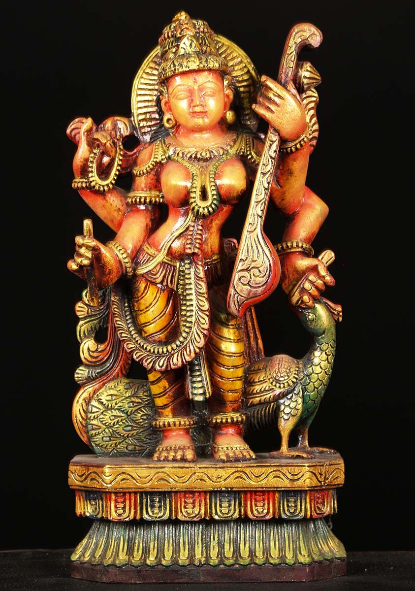 Wooden Saraswati Statue with a Peacock 24"