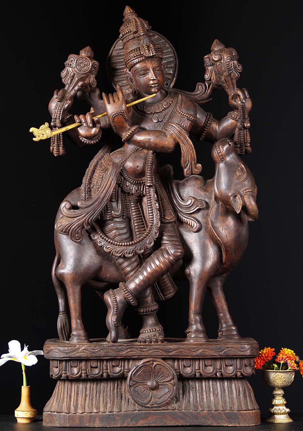 Wooden Gopal Venugopal With Cow Statue 36"