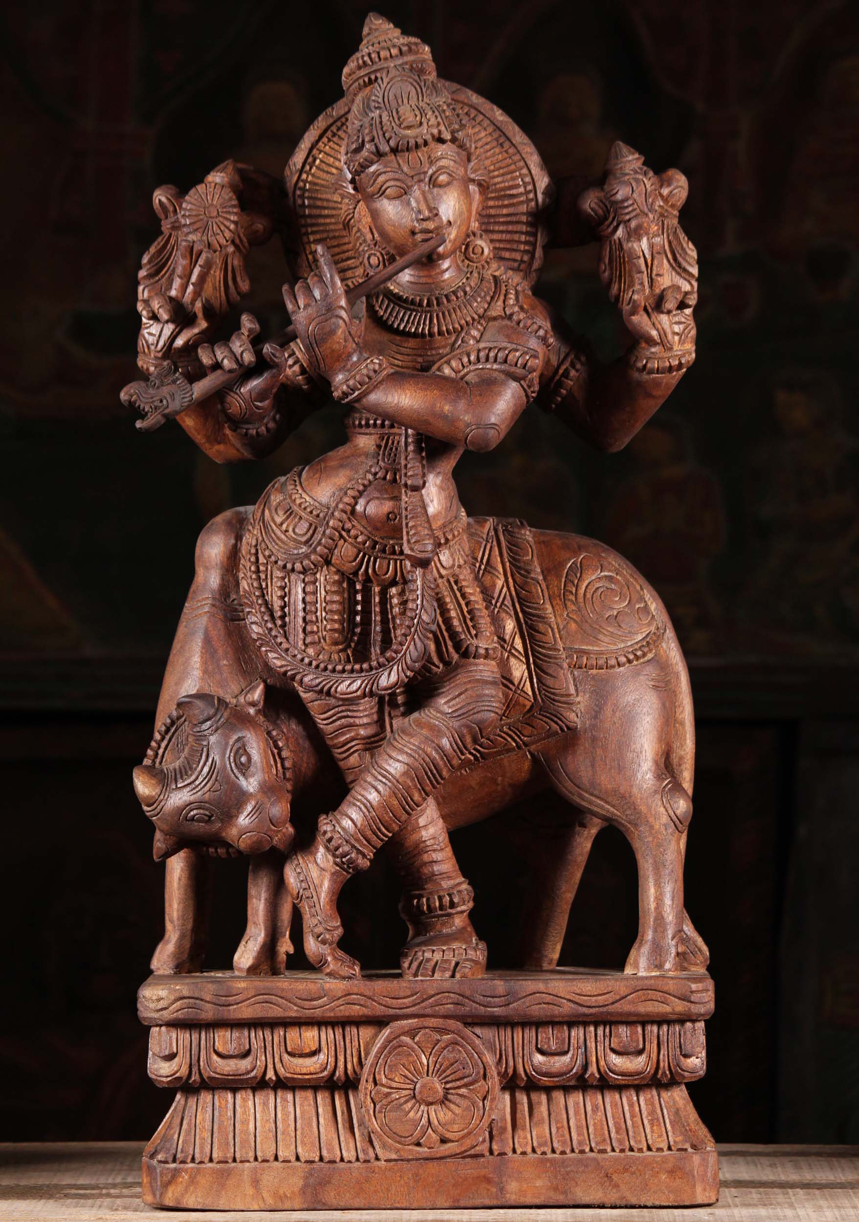 Wood Venugopal Statue Playing Flute with Cow 24"