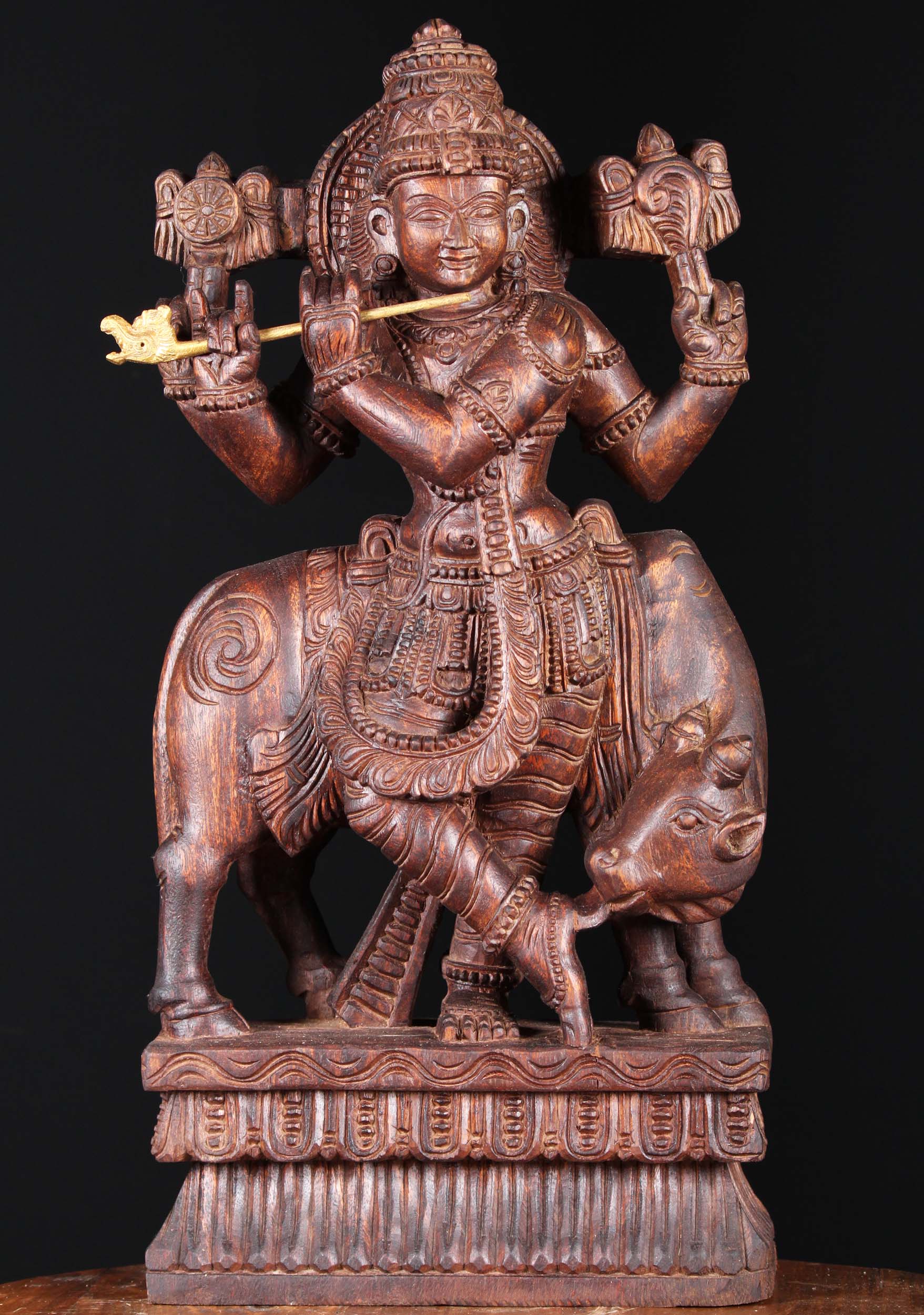 Venugopal With Wood Cow Statue 24"