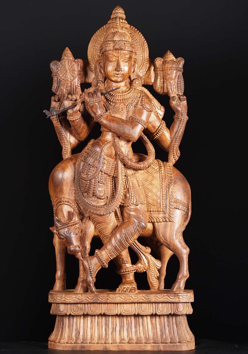 Venugopal Wood Sculpture with Cow 36"