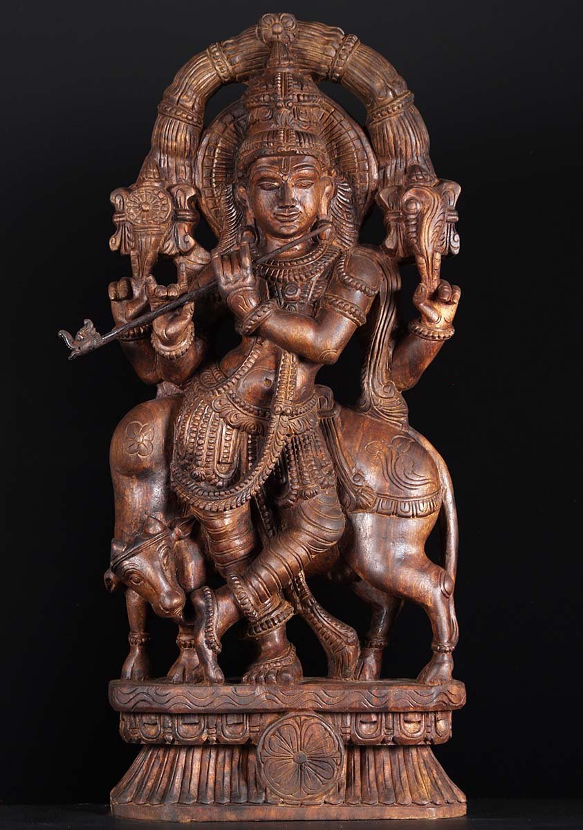 Wooden Venugopal Statue with Cow 36"