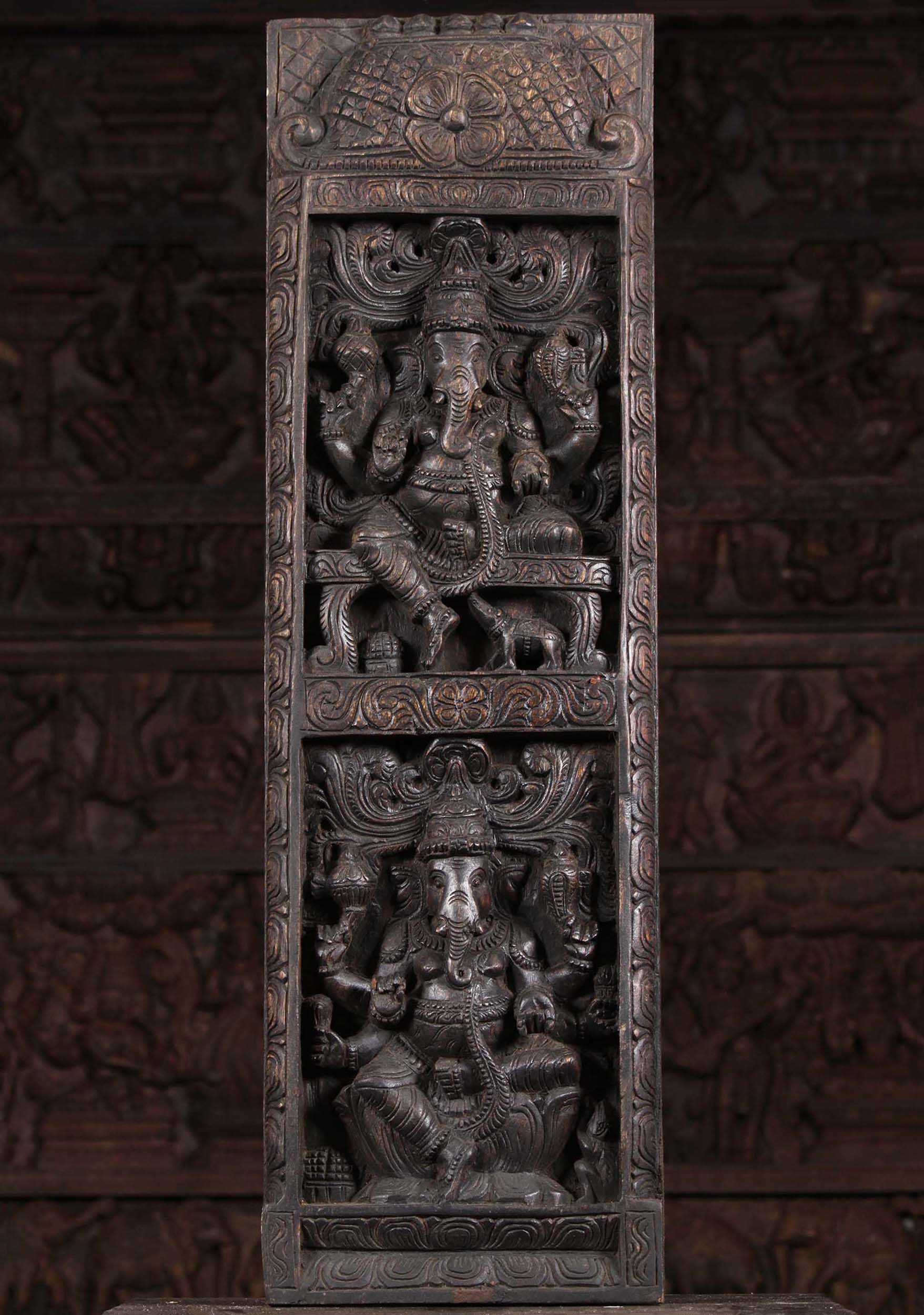 Vertical Wood Panel with 2 Ganeshas 36"