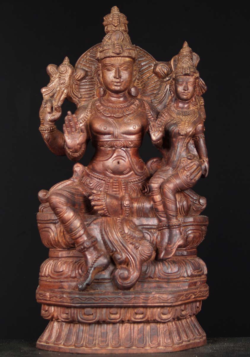 Wood Statue of Vishnu Seated With Lakshmi 24"