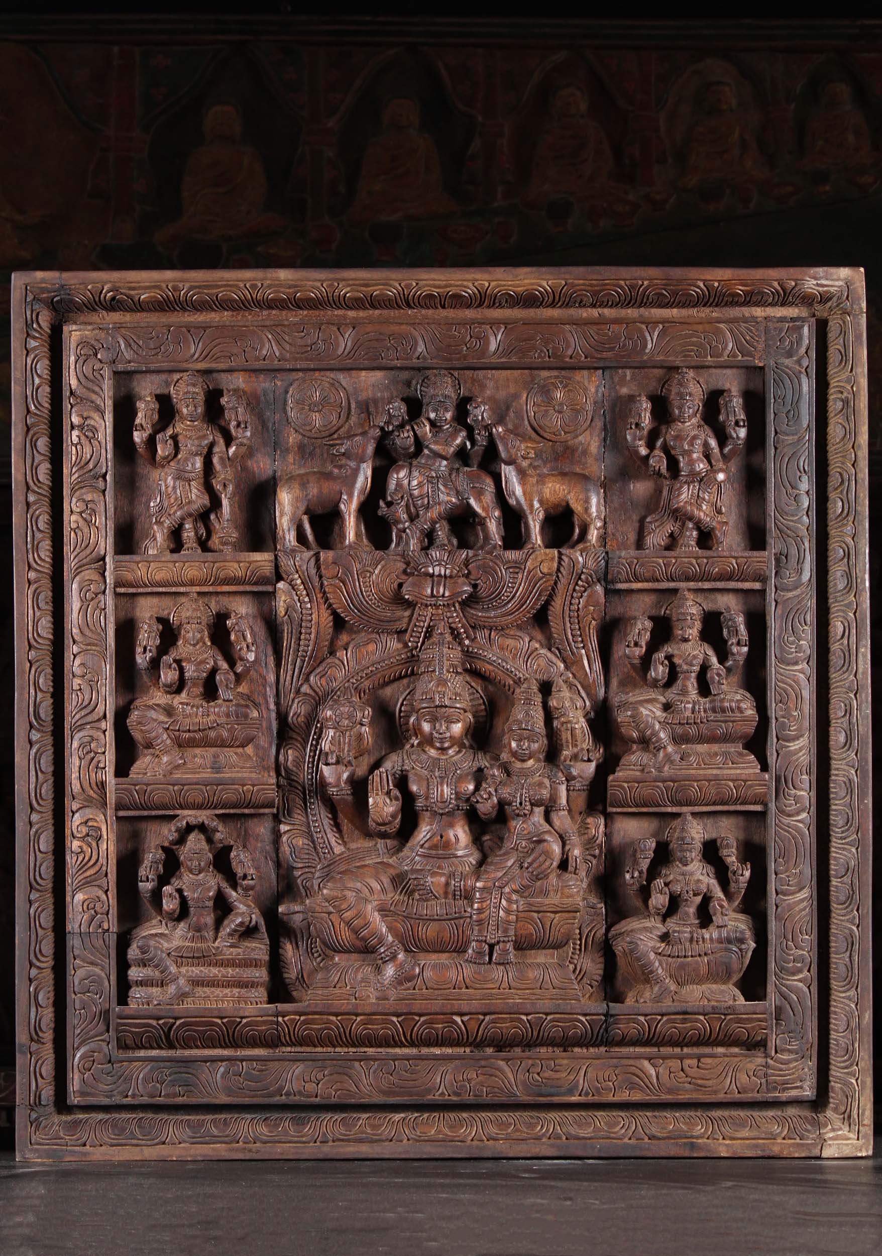 Wood Vishnu & Lakshmi Hindu Wall Panel 31"