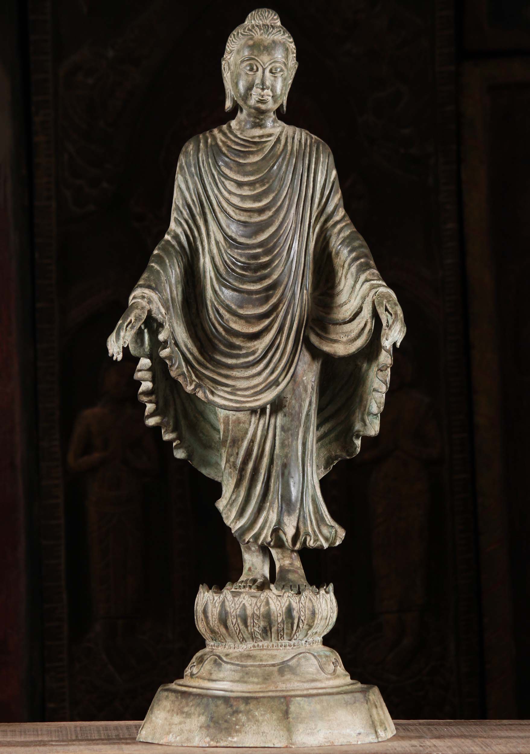 Walking Buddha On Lotus With Flowing Robes 29"