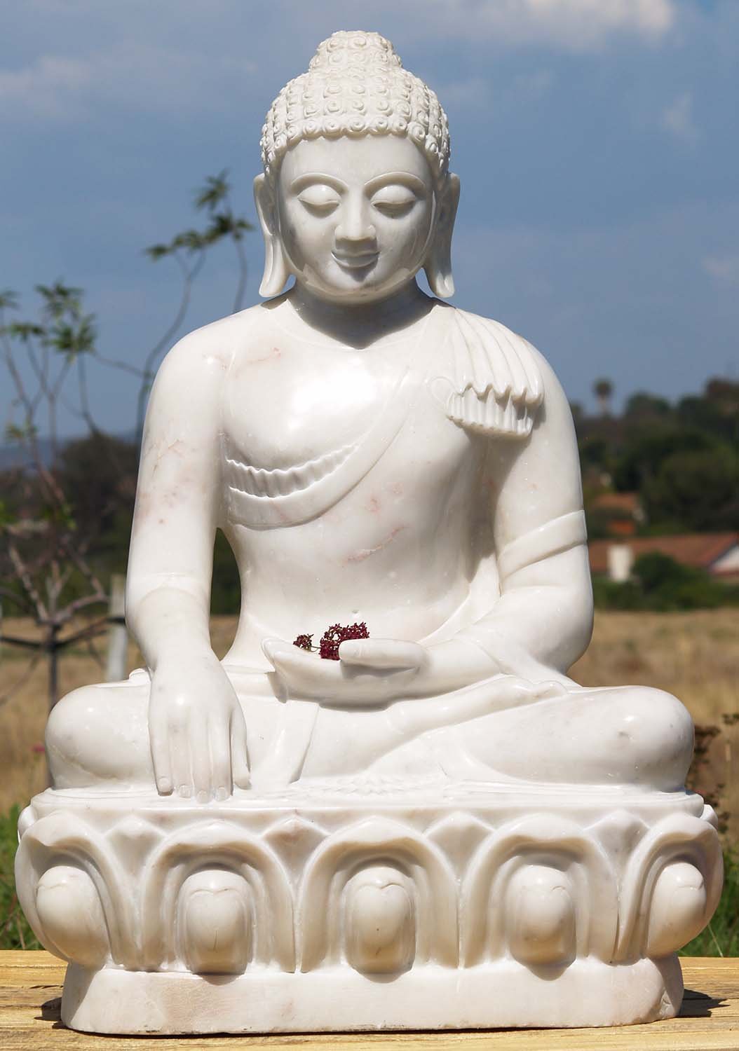 White Marble Earth Touching Buddha Statue 31"