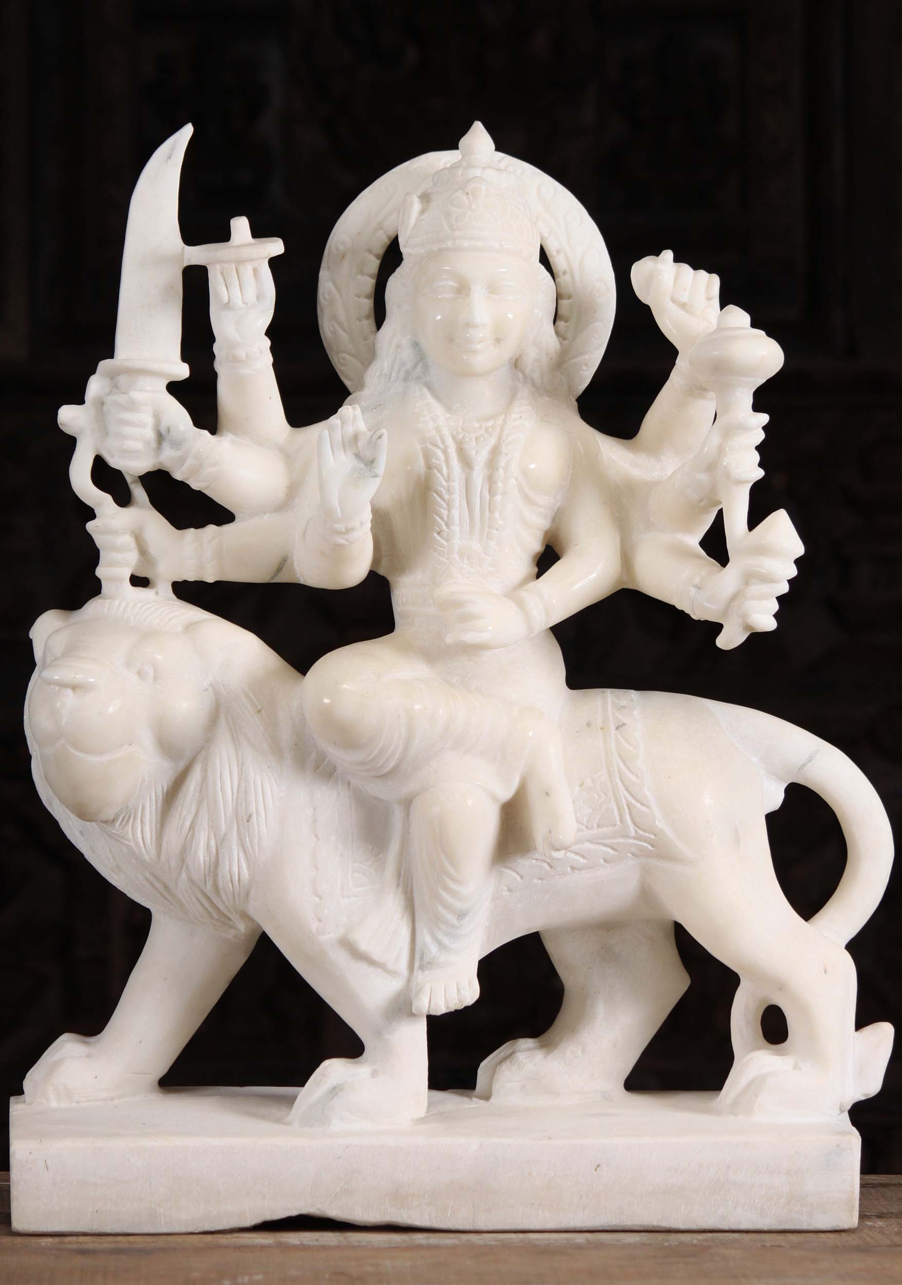 White Marble Durga Statue Riding Lion 24"