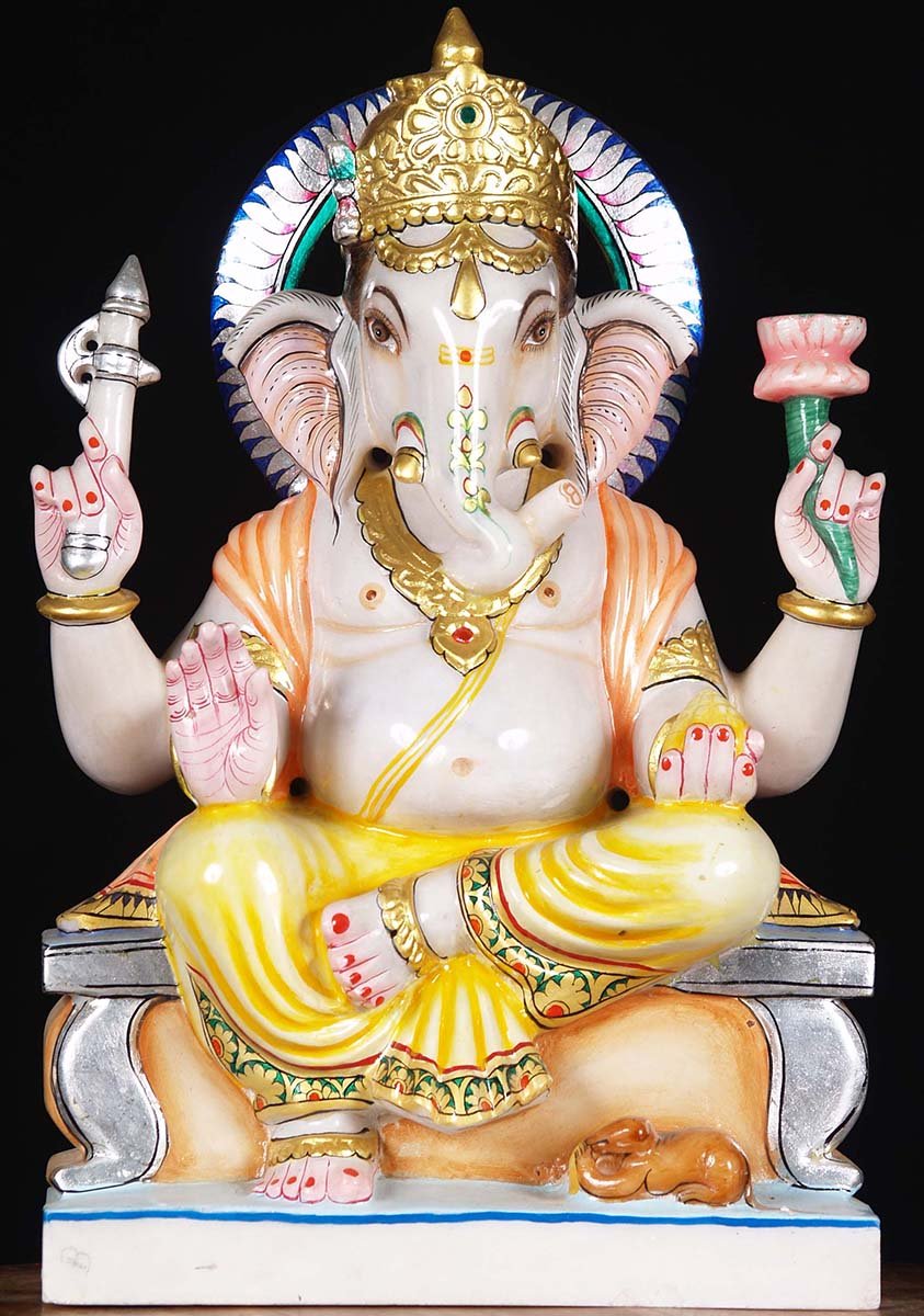 White Marble Colorful Ganesh Carving 18"