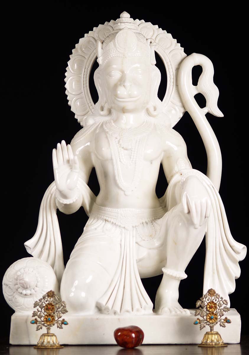 White Marble Kneeling Hanuman Statue 30"