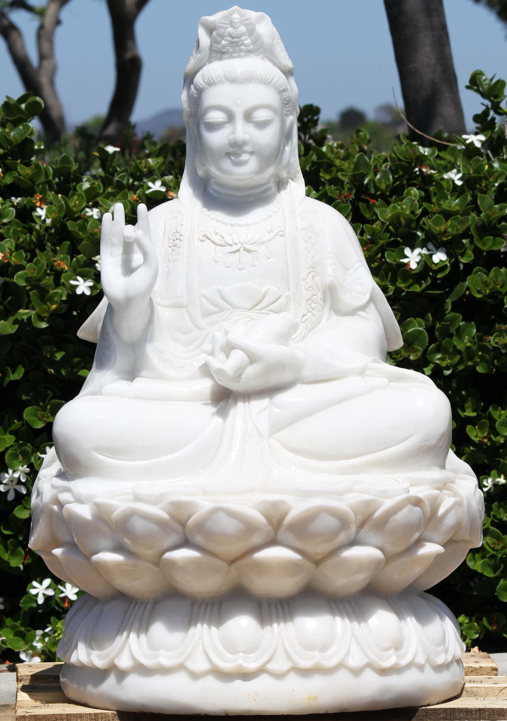 Marble Kwan Yin Seated on Large Lotus Base 34"