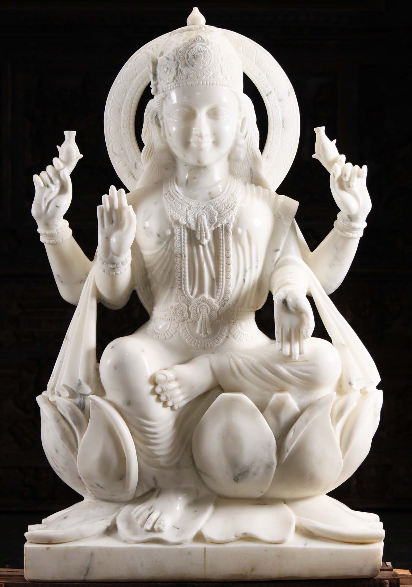 Marble Lakshmi Holding 2 Lotus Flowers 47"