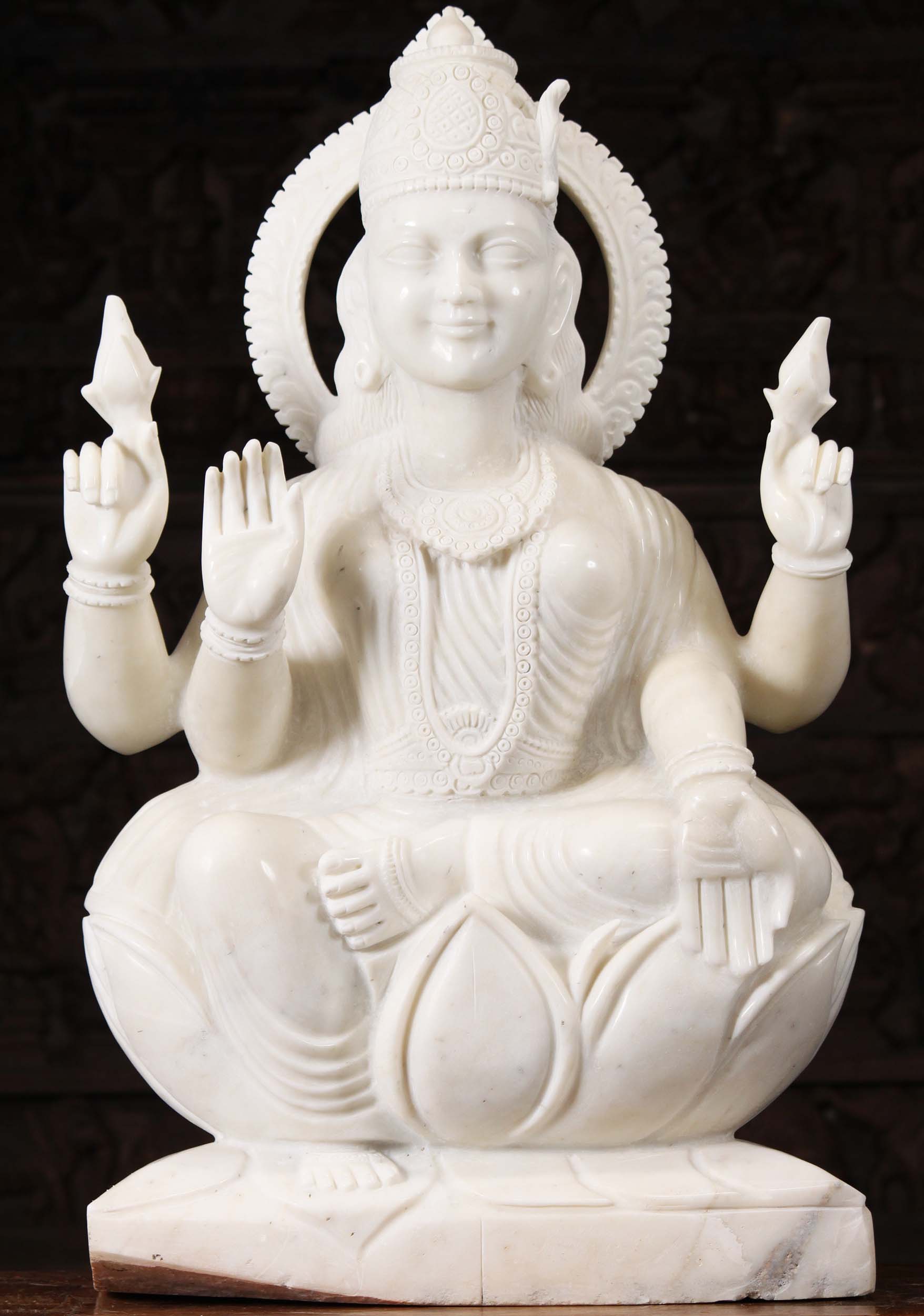 White Marble Seated Lakshmi Holding 2 Lotus Flowers in Varada & Abhaya Mudras 35"