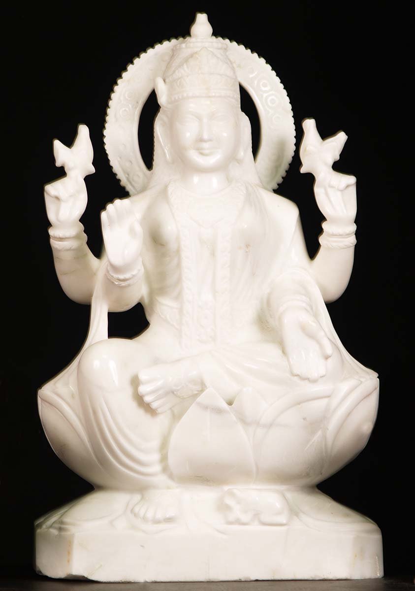 Marble Lakshmi Statue Holding Lotus Flowers 24"