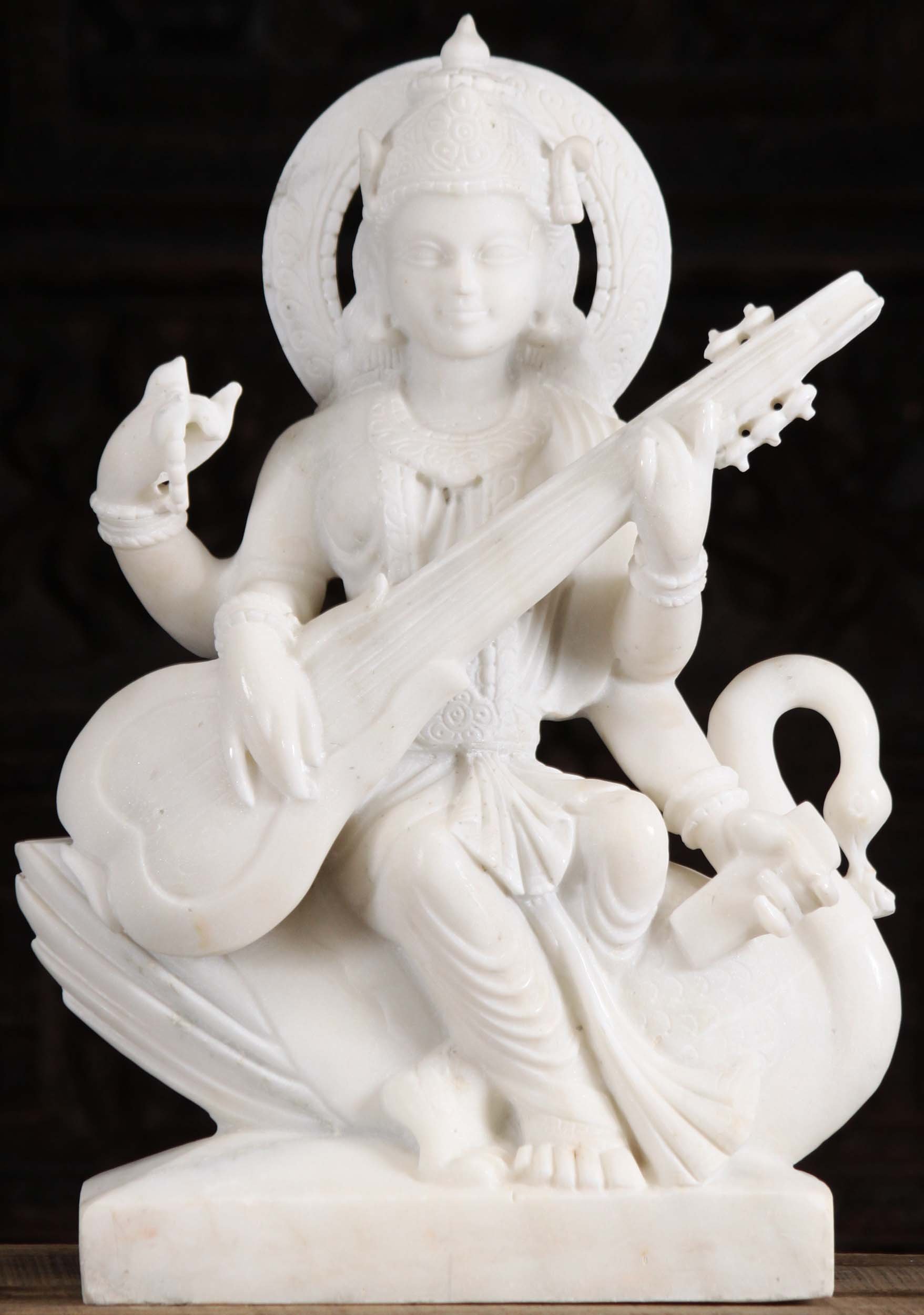 White Marble Saraswati On Swan Playing Veena 24"