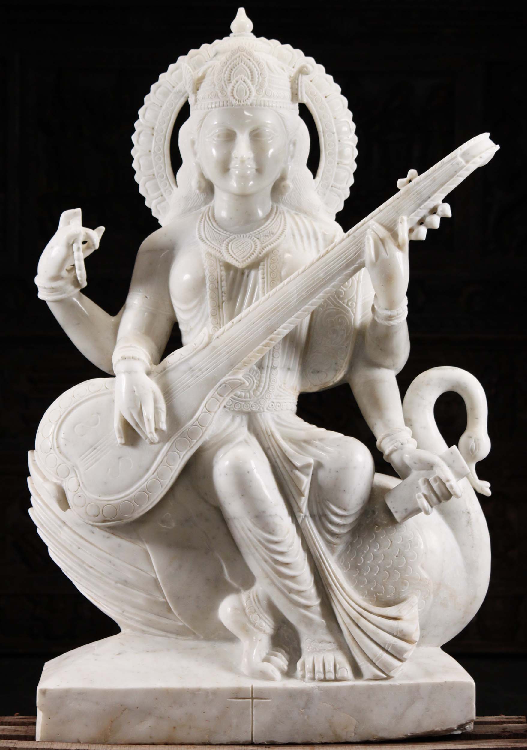 Marble Saraswati on Swan Playing the Veena 48"