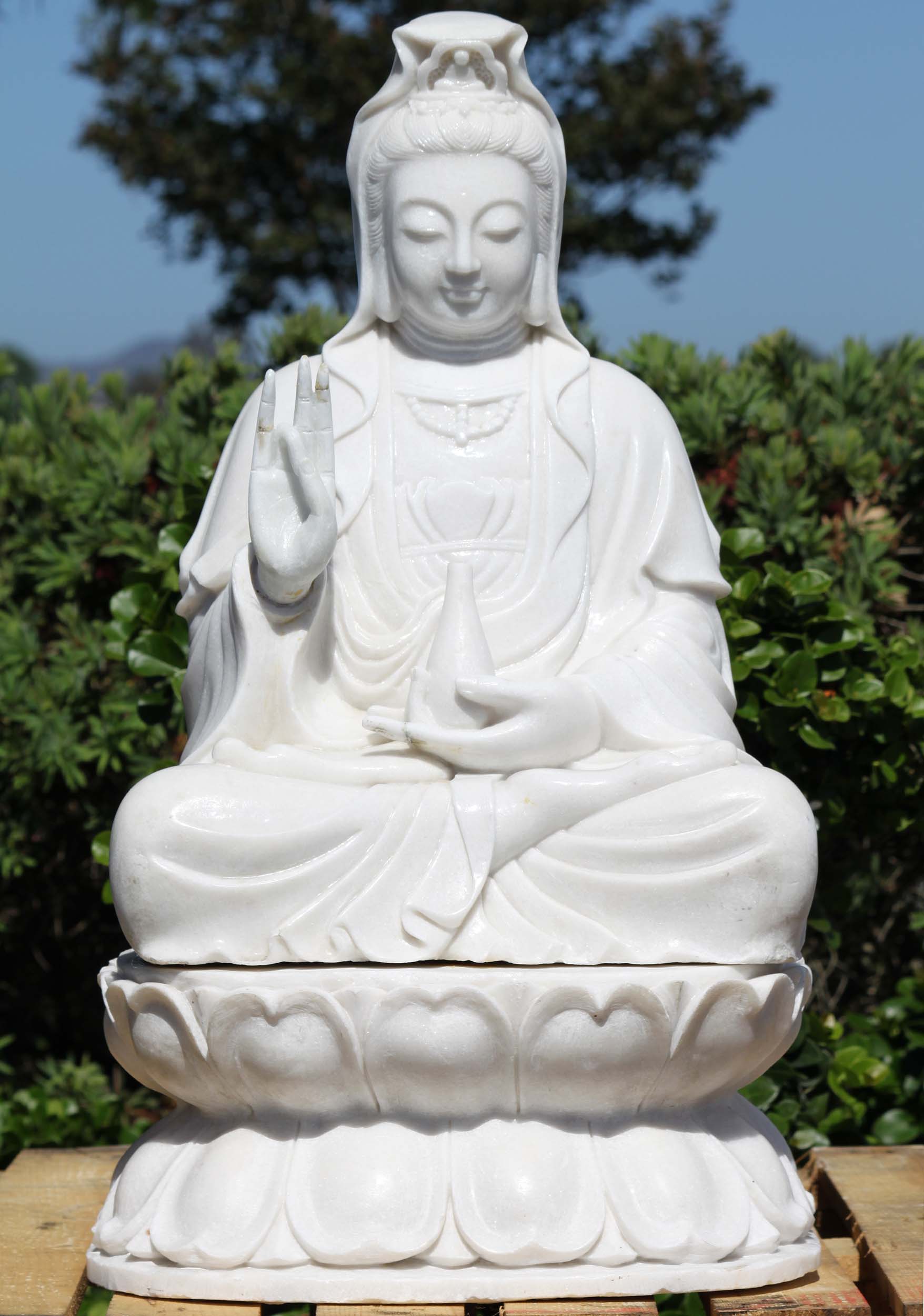 White Marble Seated Kwan Yin On Lotus Base 32"