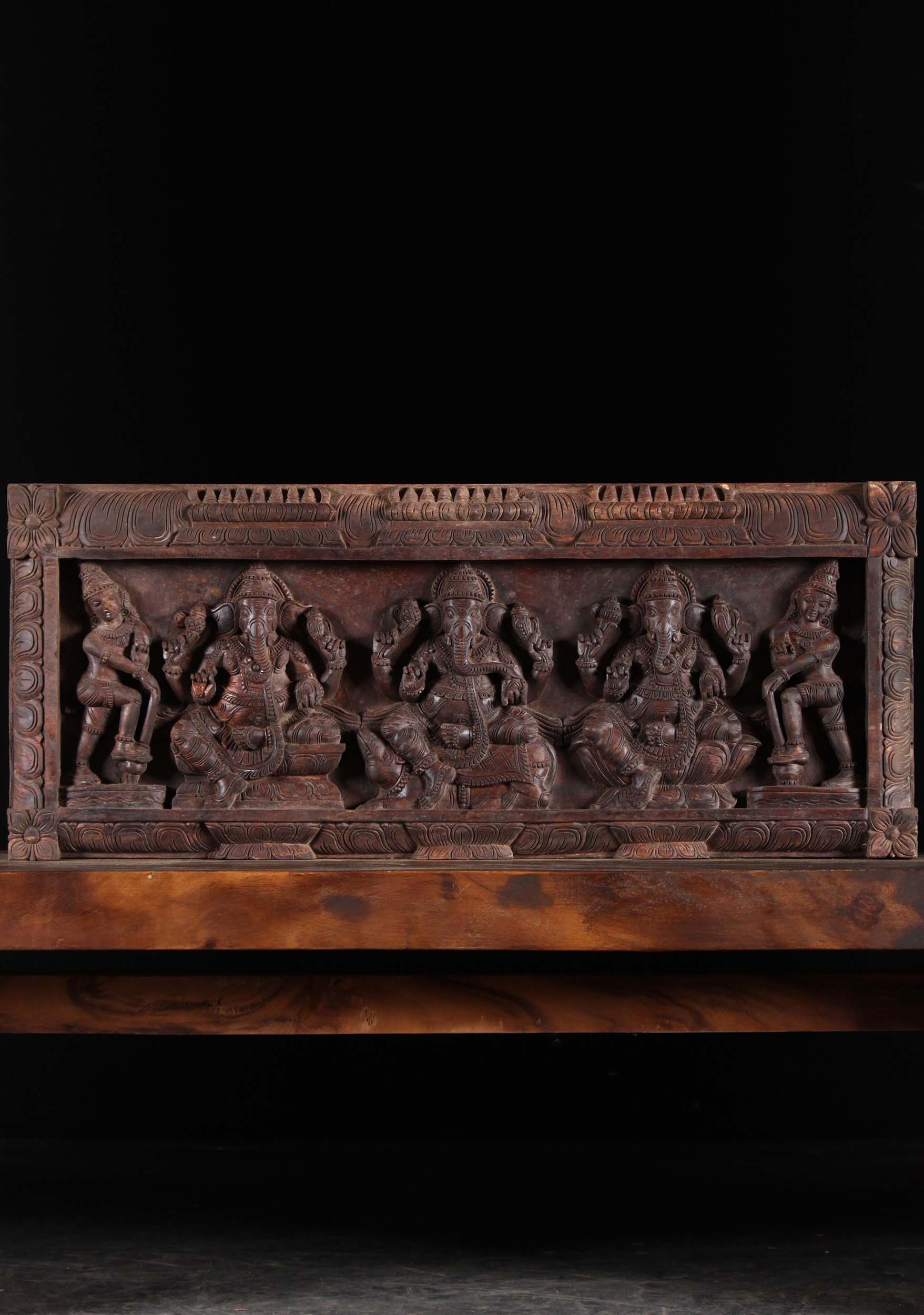 Wooden 3 Ganesh Panel with 2 Dwarapalaki 35.5"