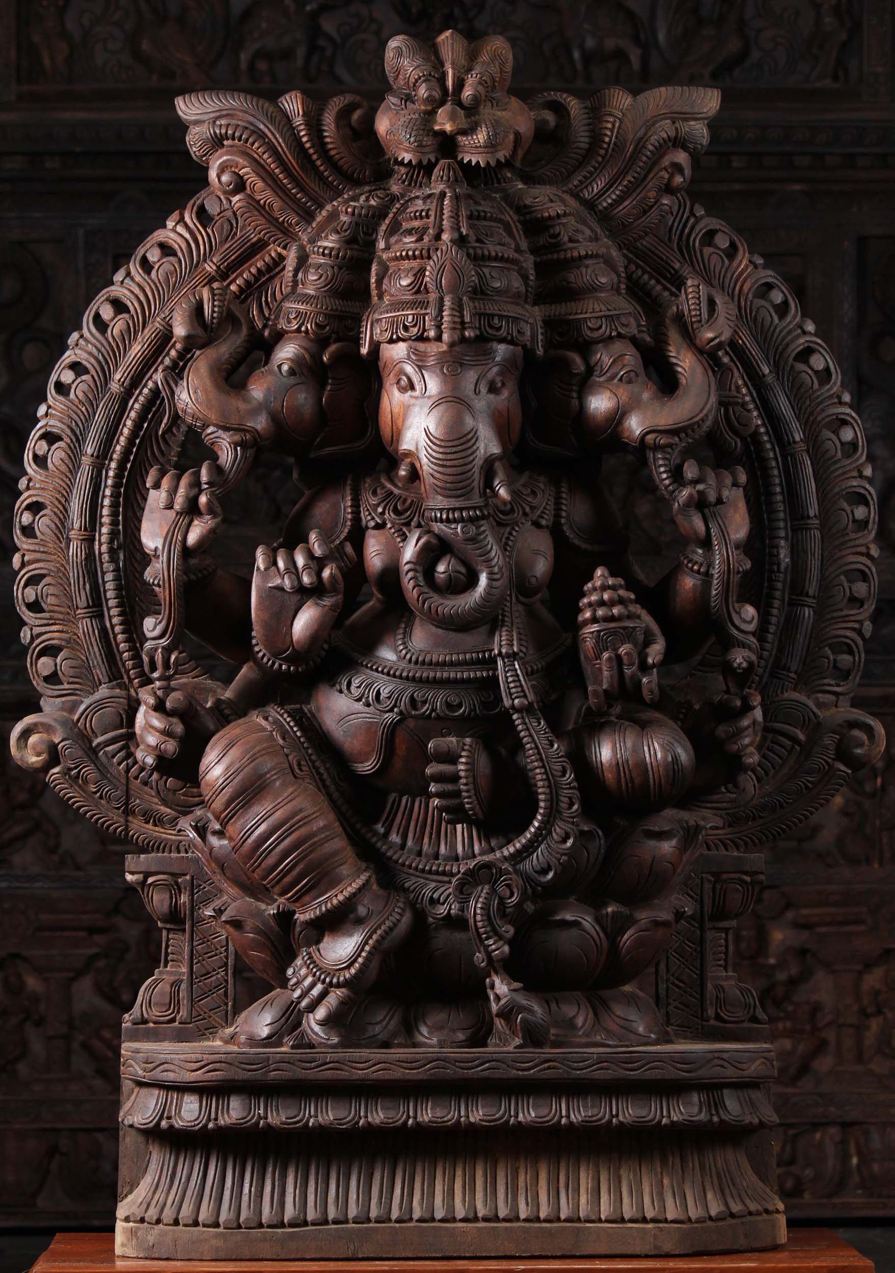 Wooden 3 Headed Trimuhka Ganapathi Statue 48"