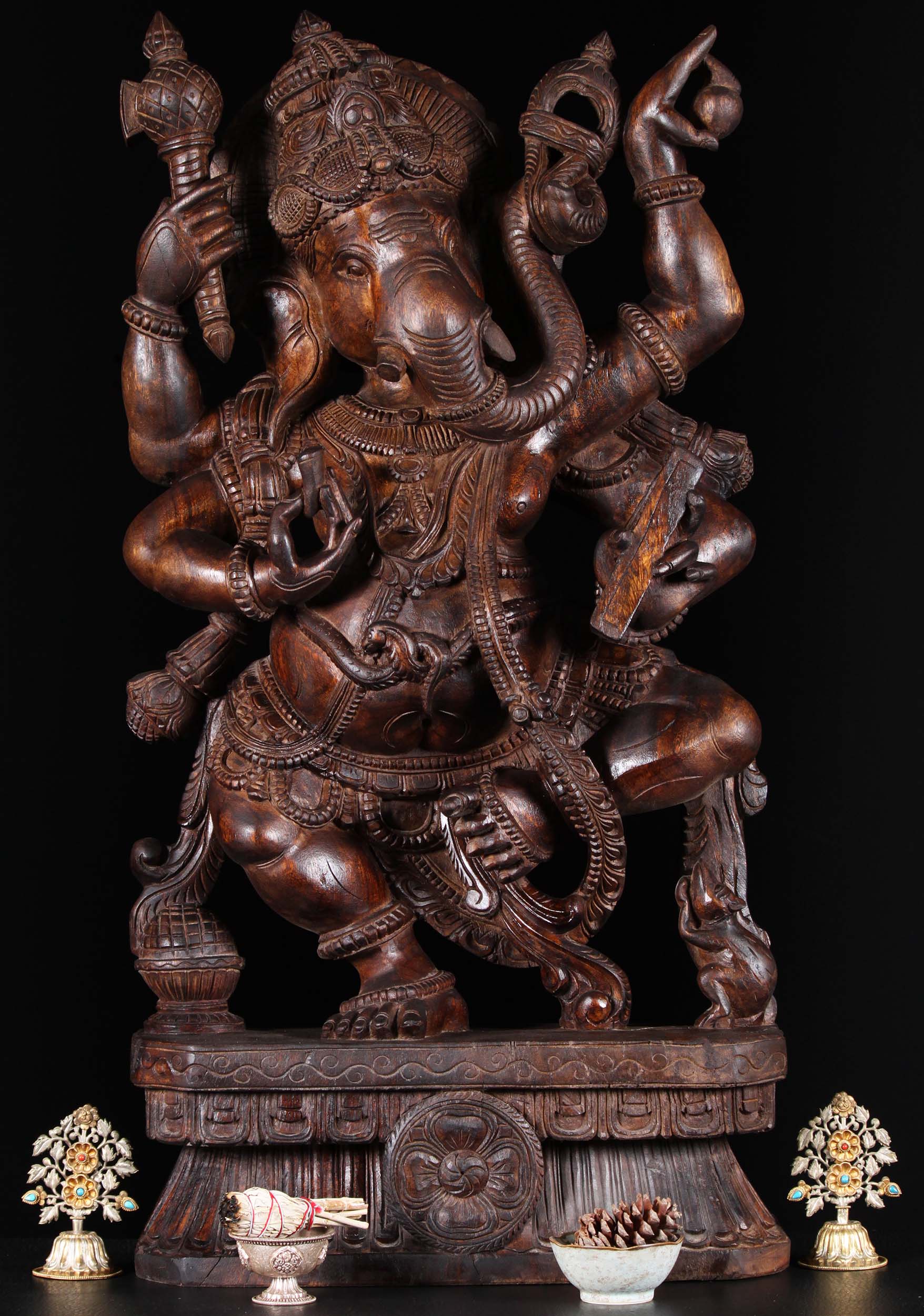 Wood Dancing 4 Armed Ganesha Holding Vedas 36"