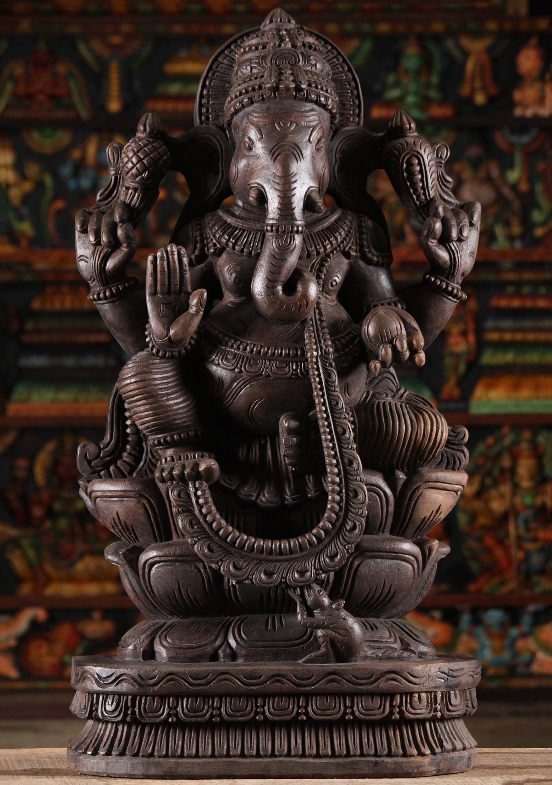 Wood Abhaya Mudra Ganesh Statue with Rat 33"