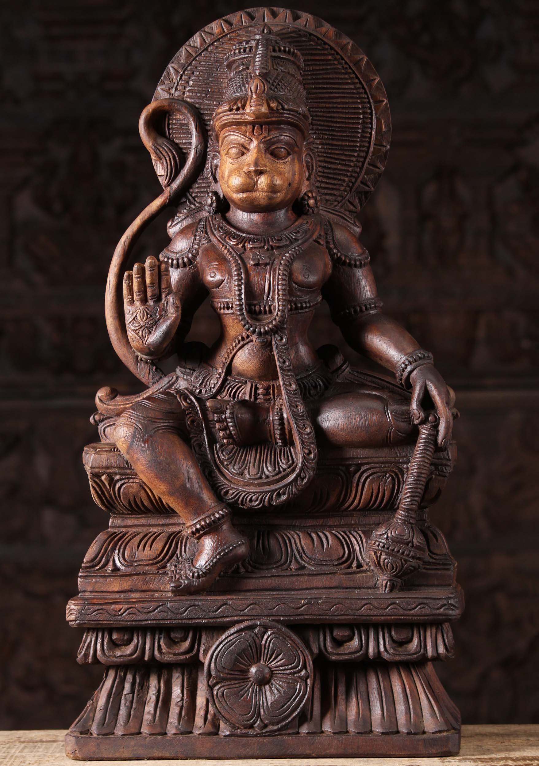 Wood Abhaya Mudra Hanuman Holding Club 24"