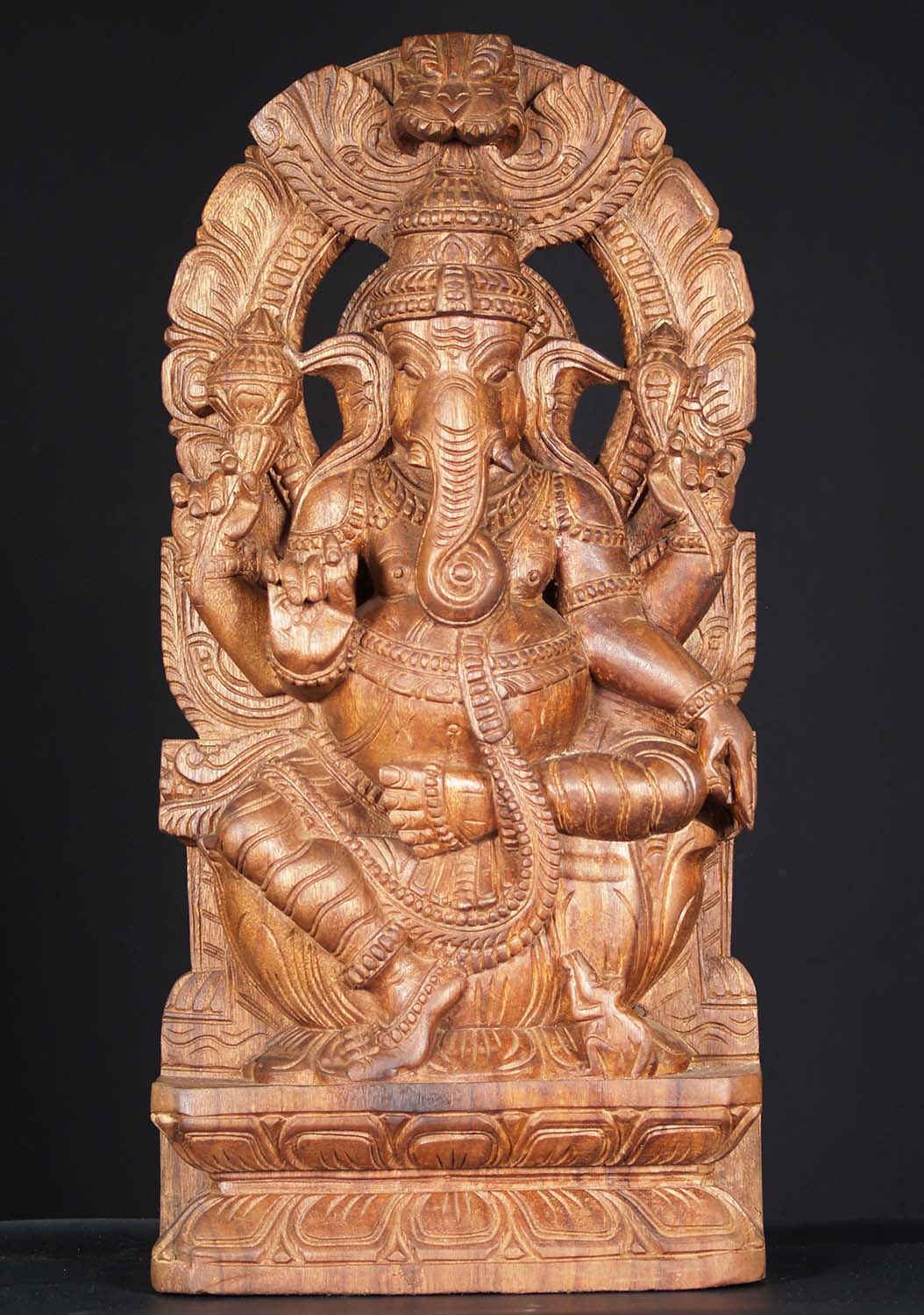 Wooden Ganesh Seated Beneath Arch 24"