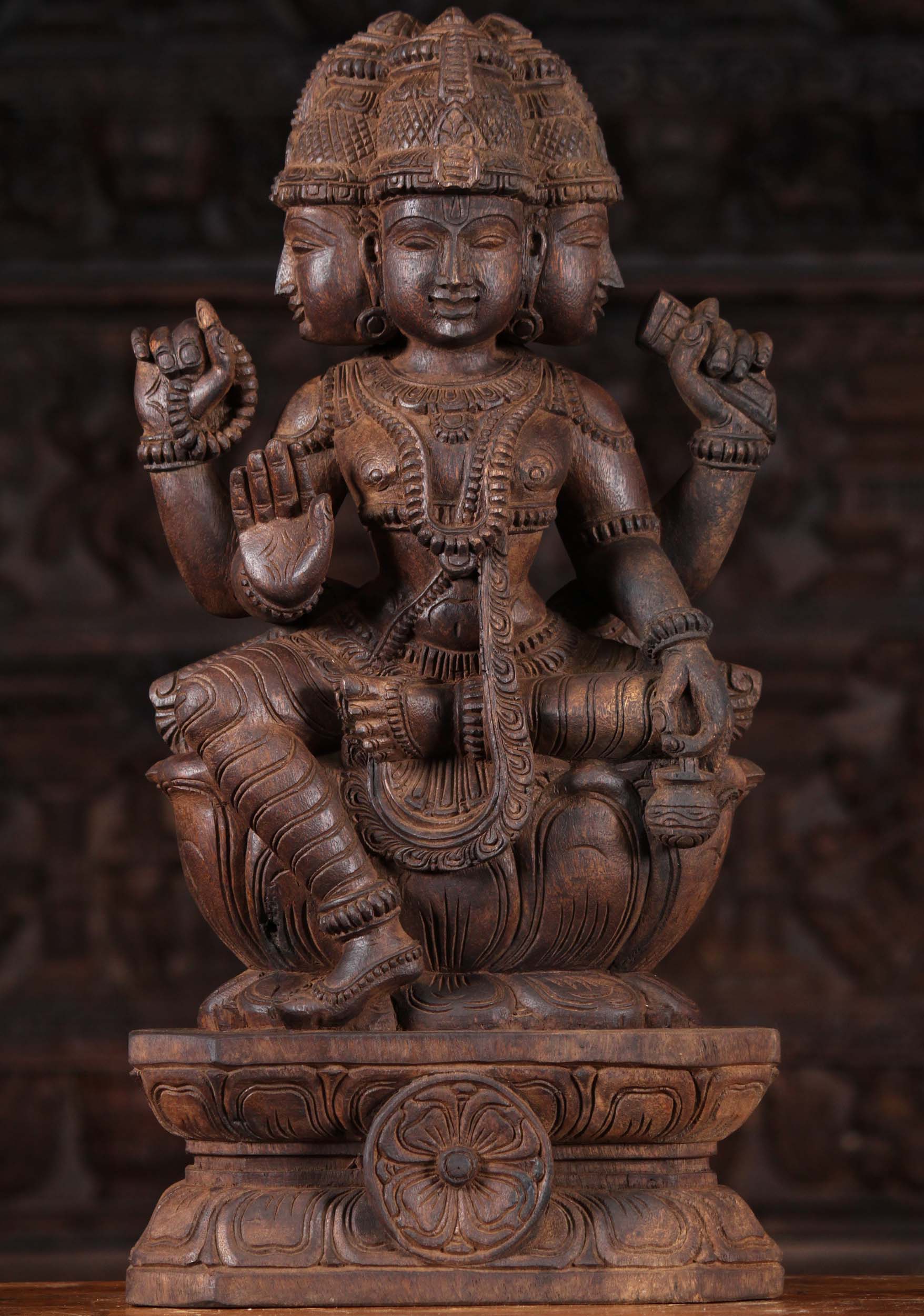 Wood Brahma Statue Holding Water Pot 24"