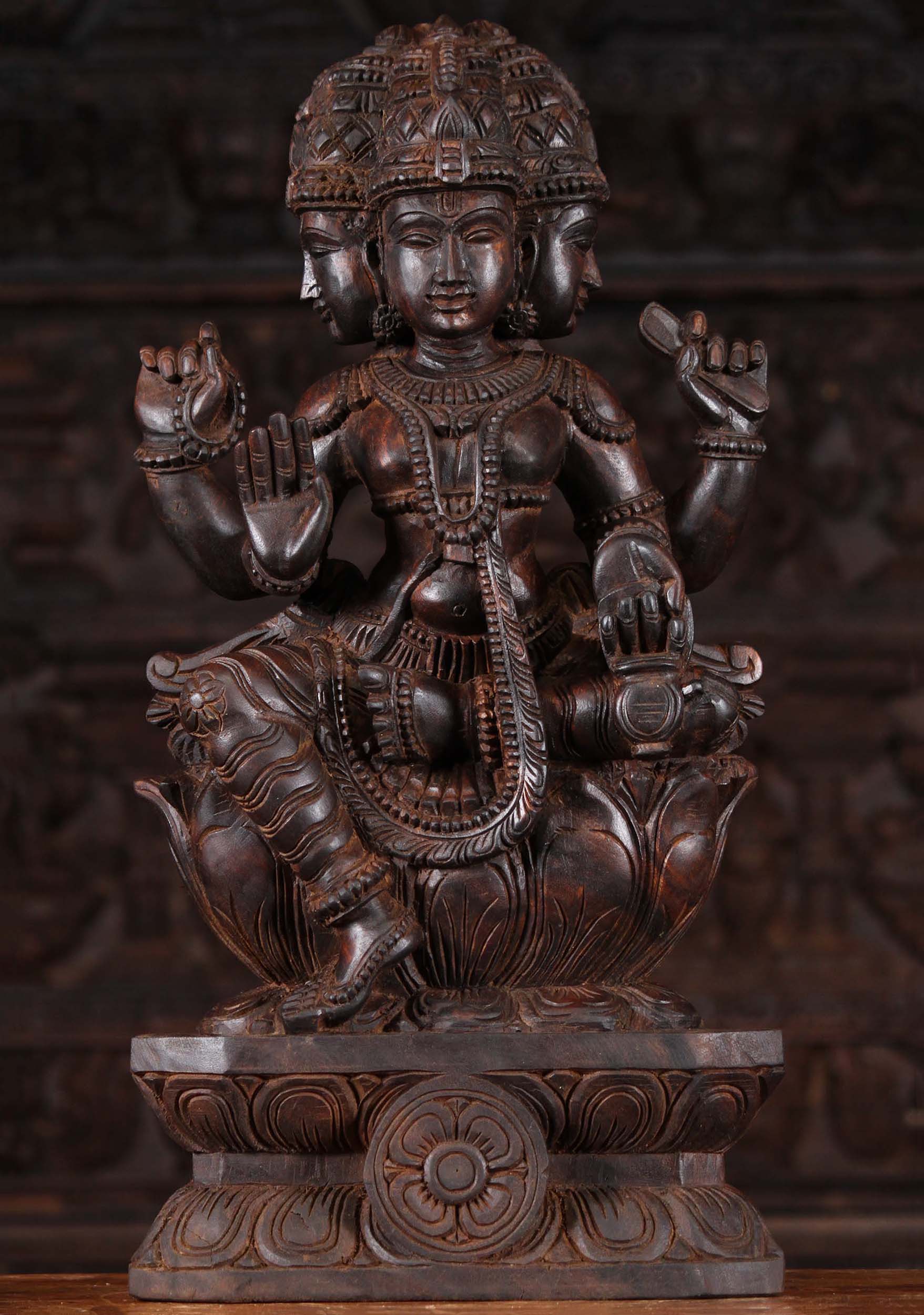 Wood Abhaya Mudra Brahma Sculpture 24"