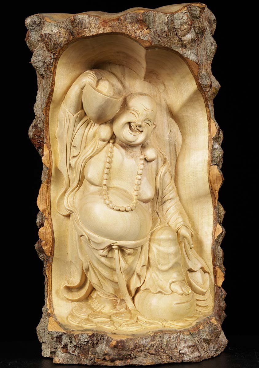 Wood Fat & Happy Buddha of Wealth Carving 11"