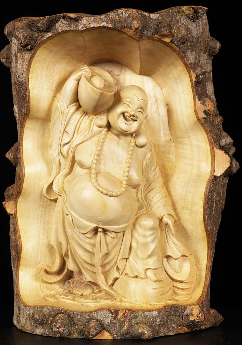 Wood Fat and Happy Buddha Carving 11"