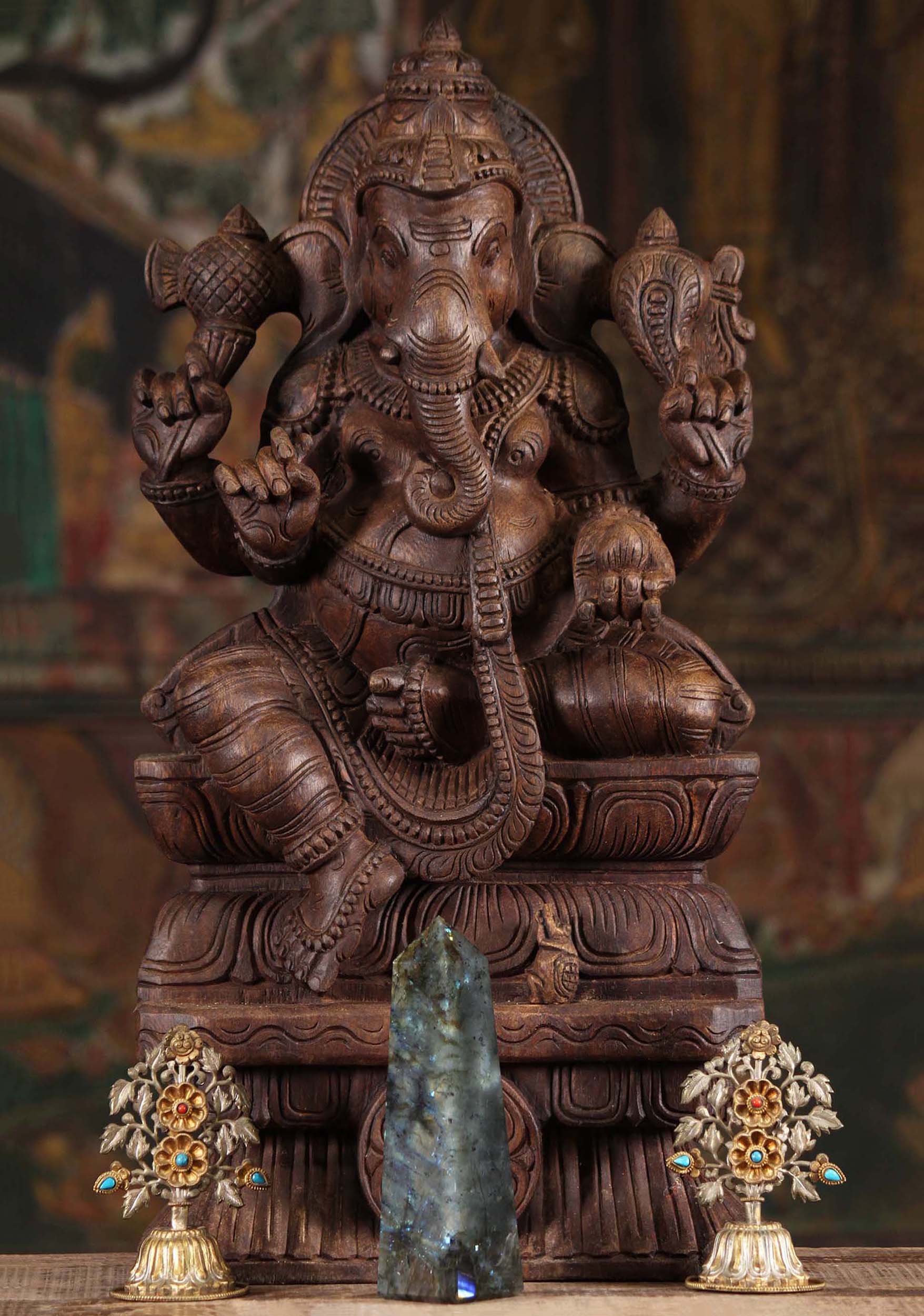 Wood Ganesha Statue Holding Mango 24"