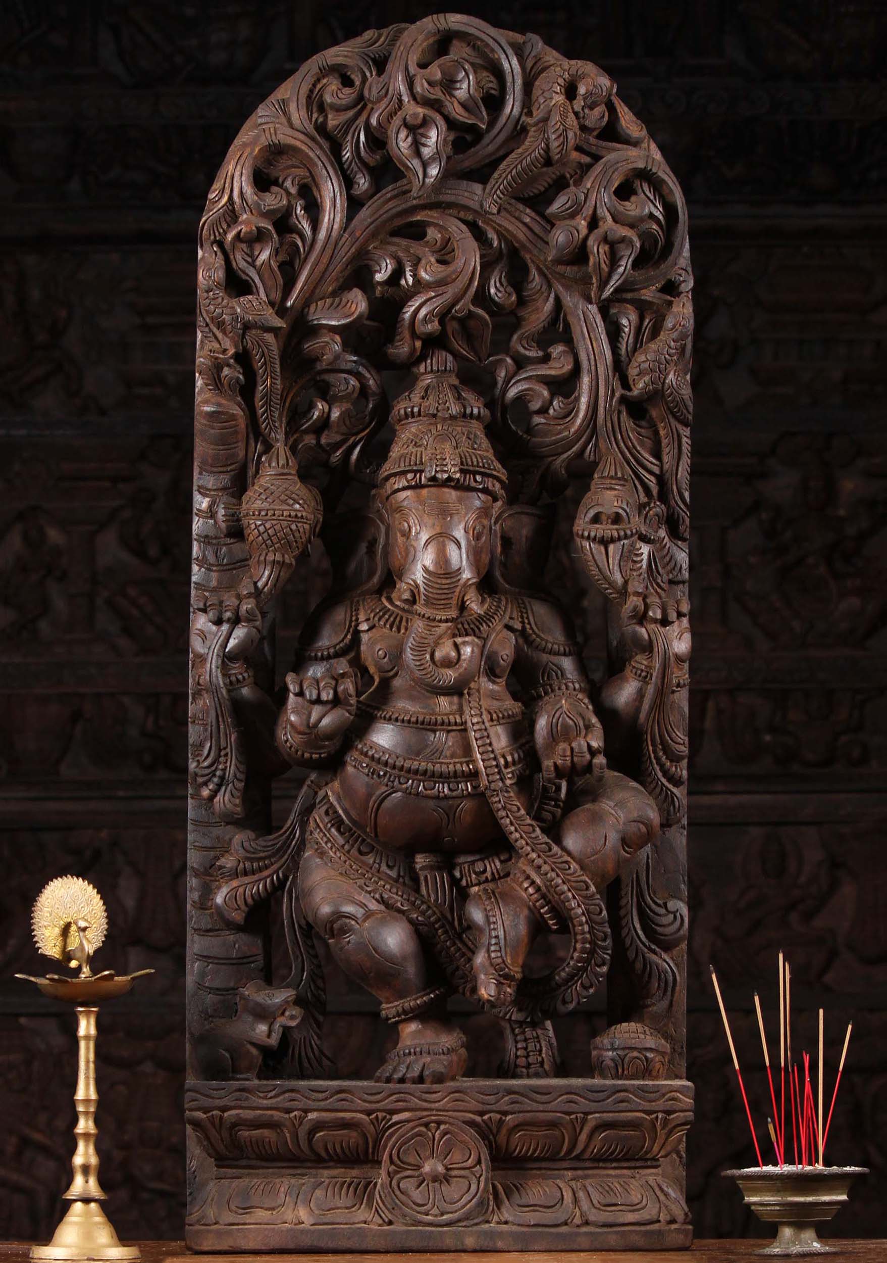 Wood Dancing Ganesh Beneath Canopy 36"