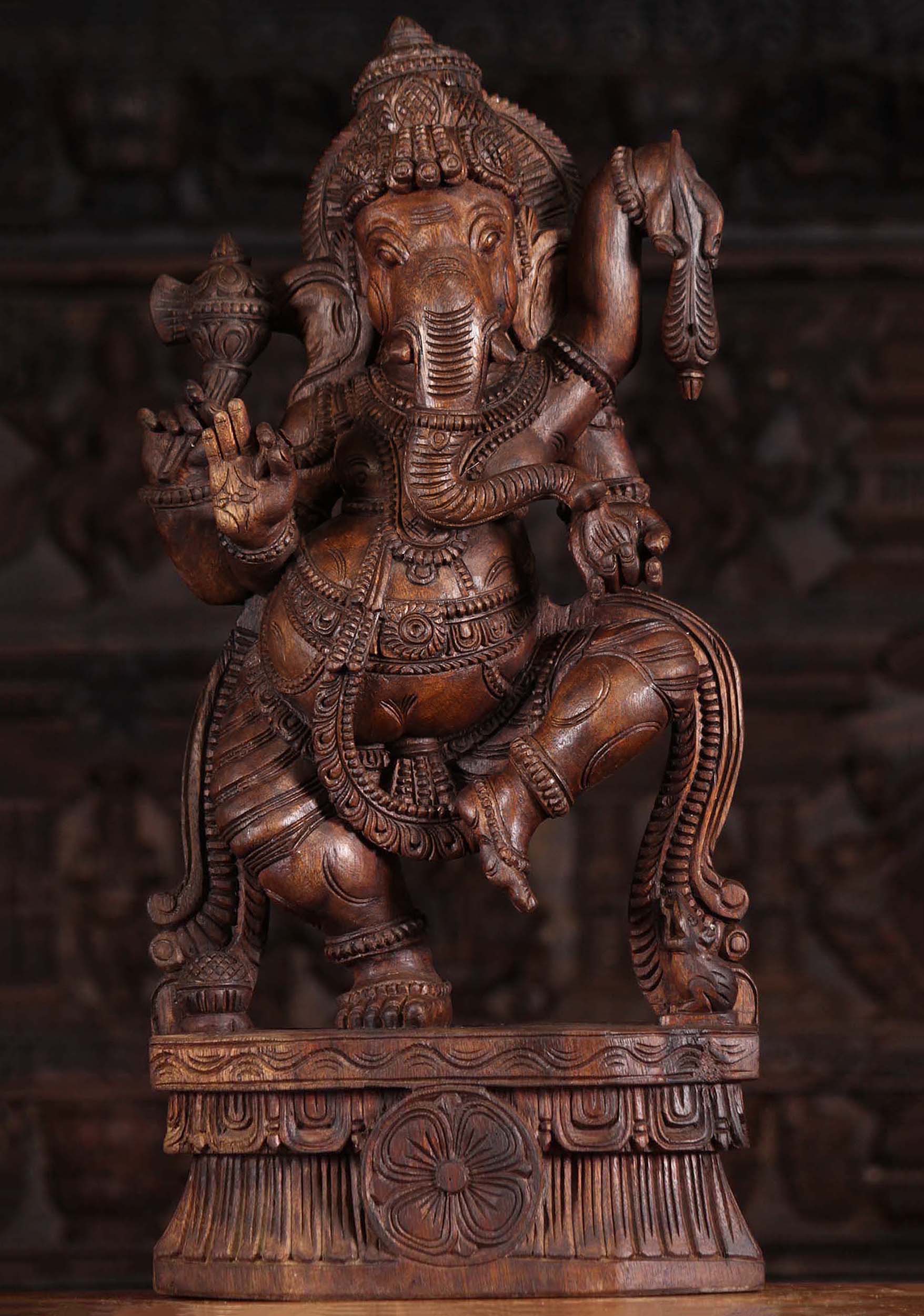 Wooden Joyous Dancing Ganesh Sculpture 24"