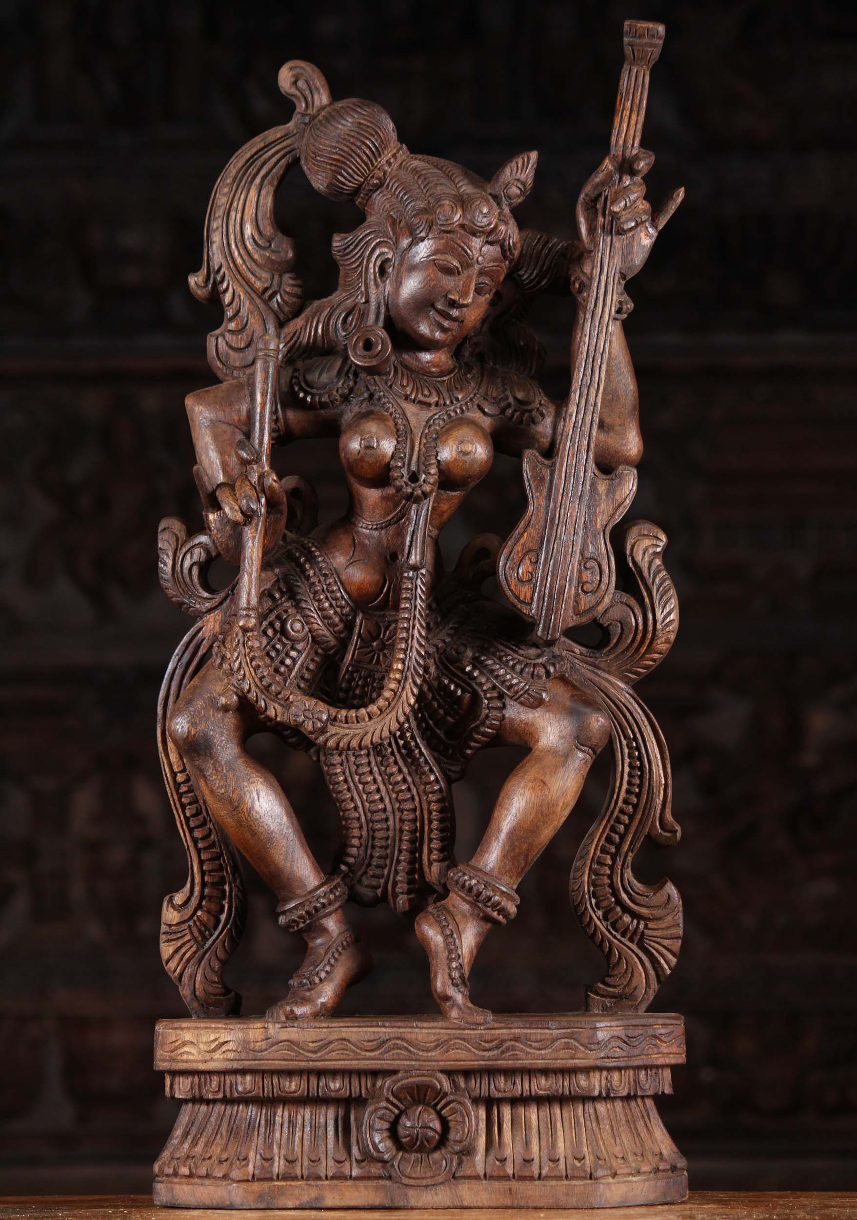 Wood Dancing Saraswati Playing Violin 24"