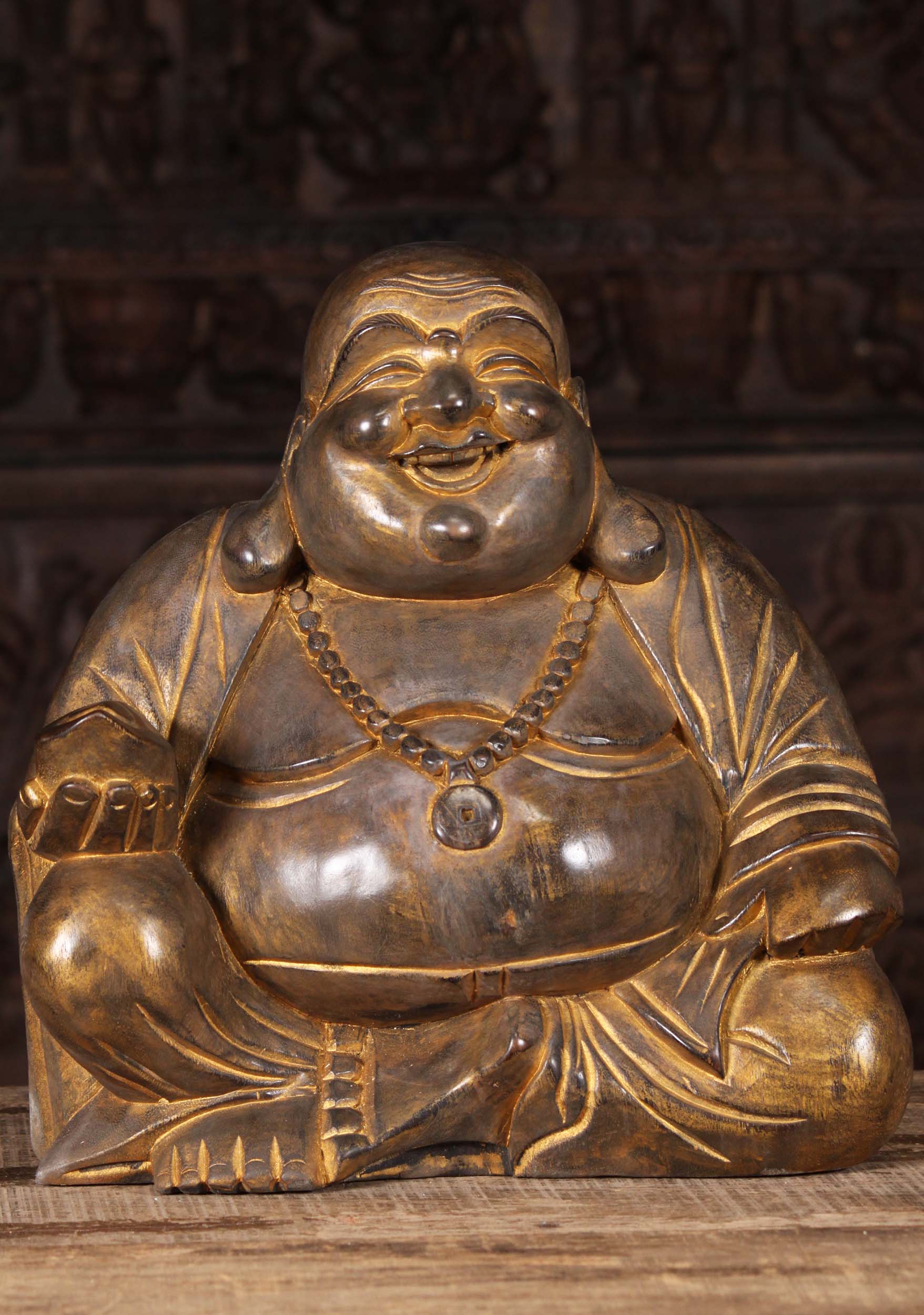 Wooden Fat & Happy Buddha Sculpture 16"