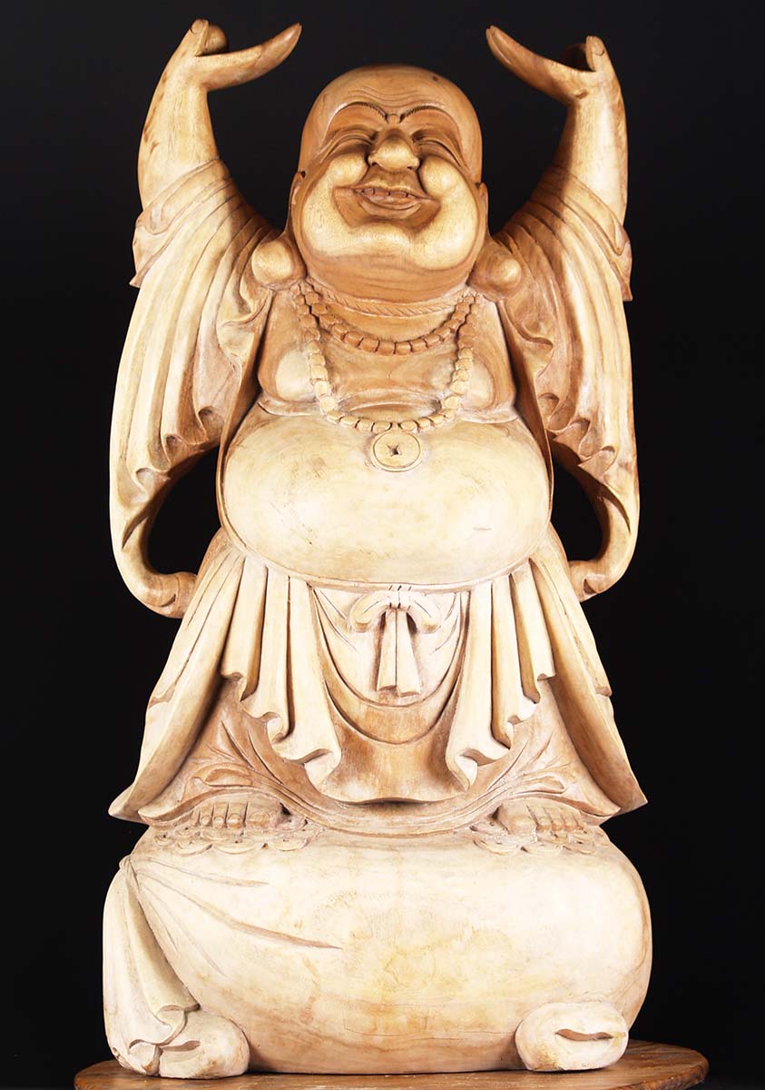 Wood Fat & Happy Buddha of Wealth Statue 39"