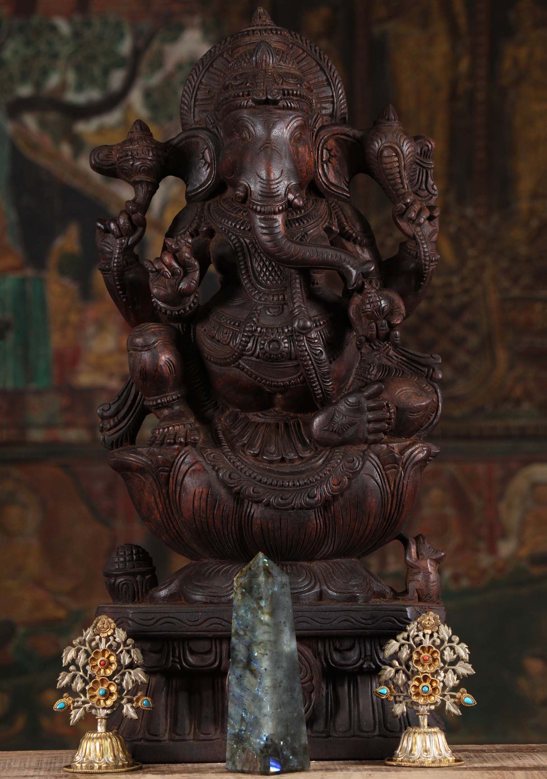 Dark Wood Ganesh Statue on Lotus Base 24"