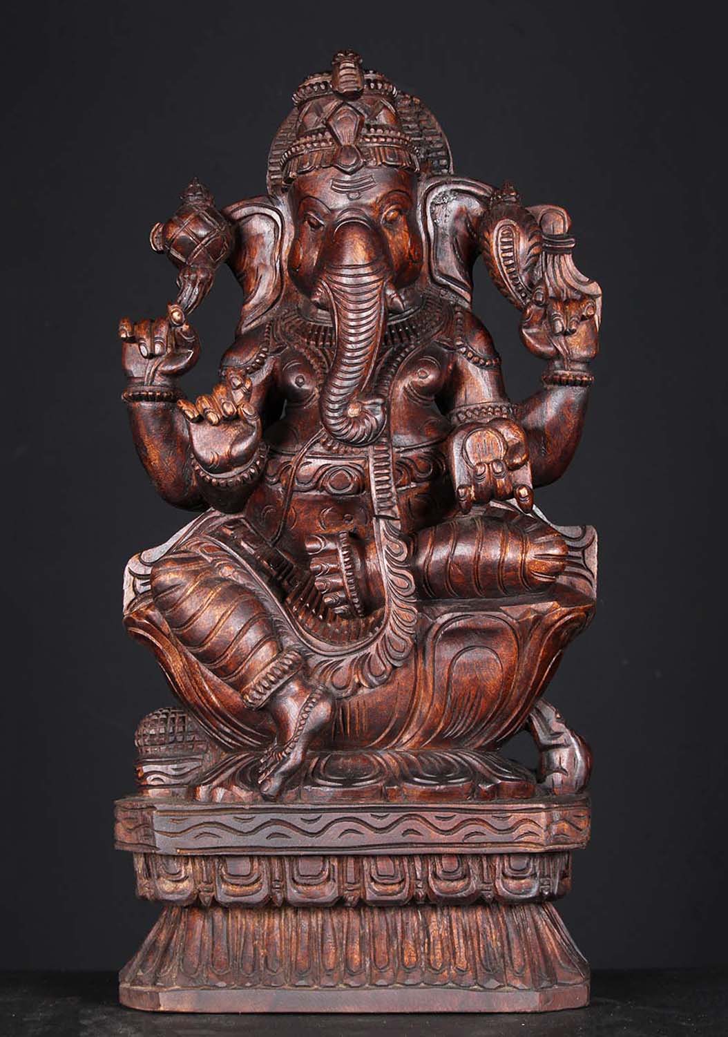 Wood Ganapathi Statue Holding Mango 24"