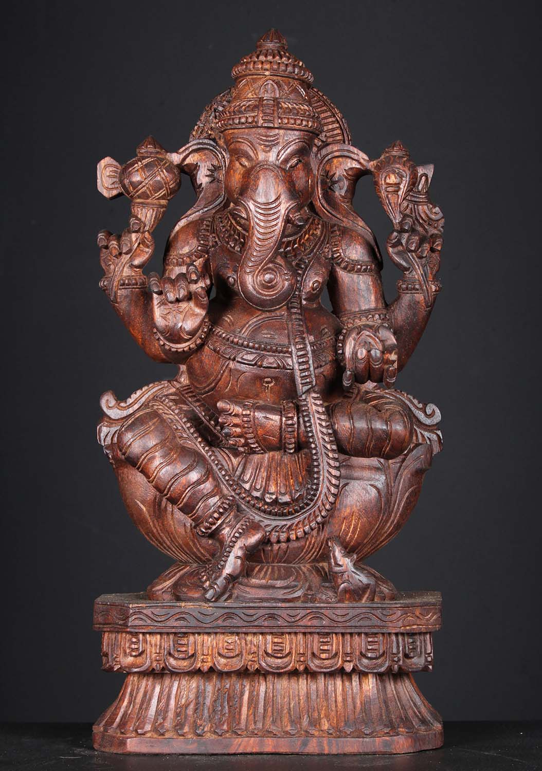 Wooden Seated Ganapathi Sculpture 24"