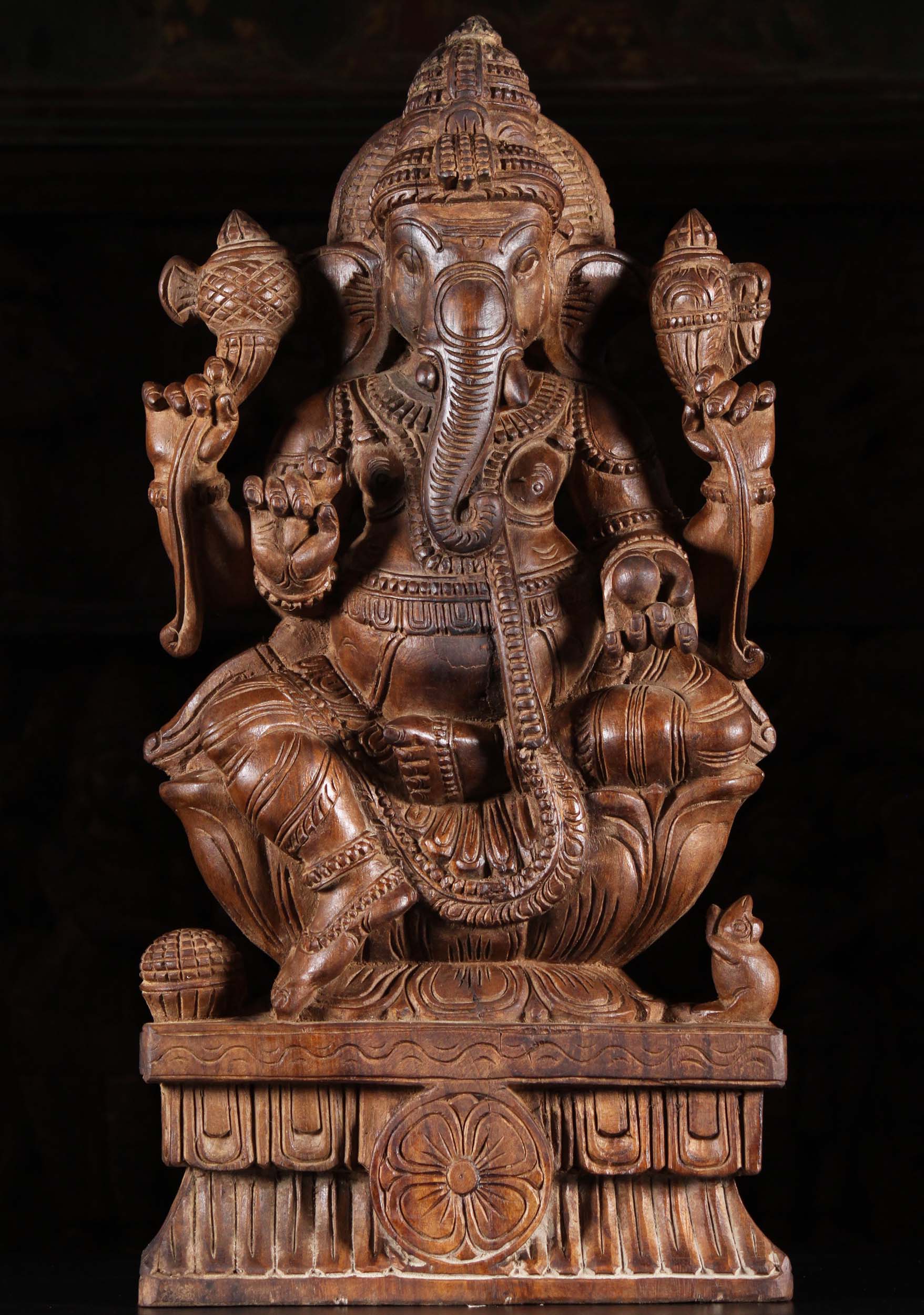 Wood Ganapathi Statue Seated on Lotus Base 24"