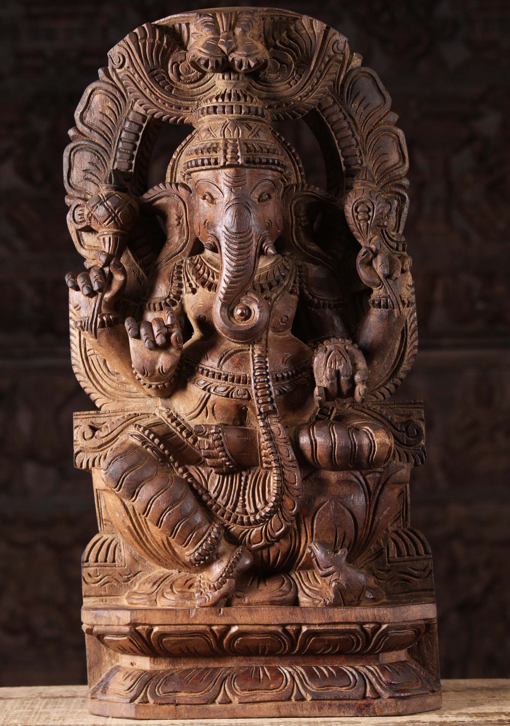 Wood Ganesh Statue with Arch Holding Mango 24"