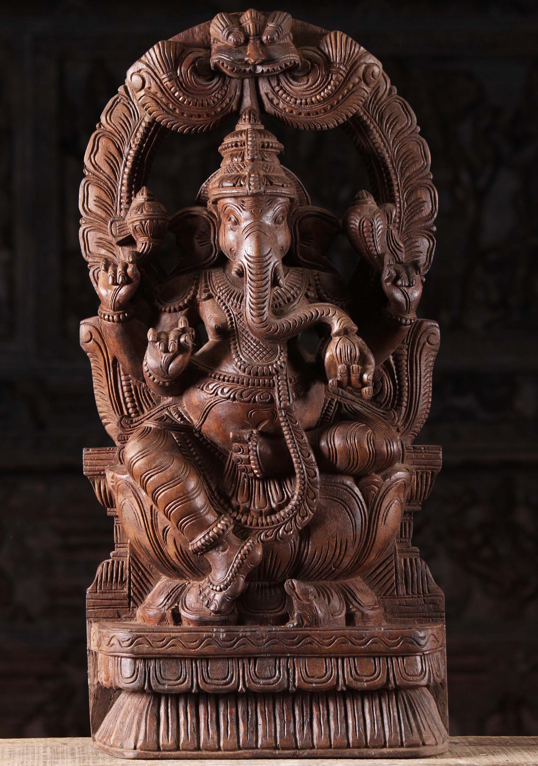 Wood Ganesh with Trunk Eating Mango Statue 24"