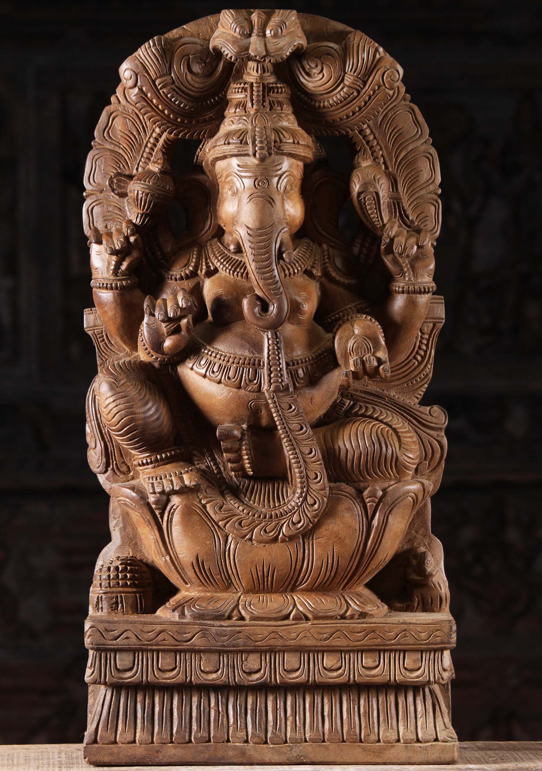 Wood Ganesh Comfortably Seated on Lotus Base 24"