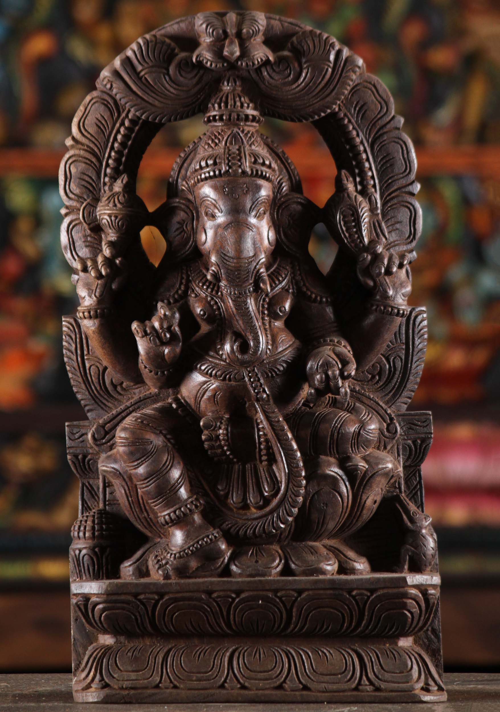 Wooden Seated Ganesha Statue with Arch 18"