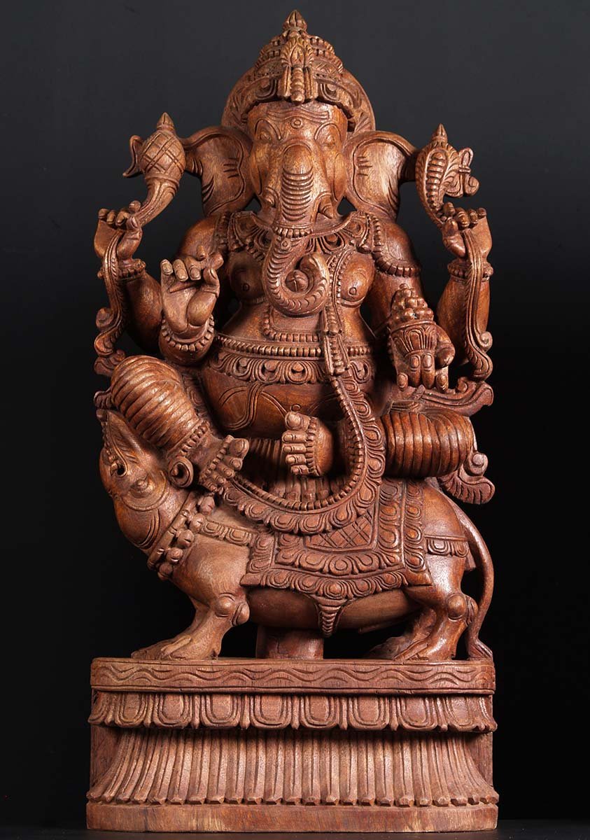 Wood Ganesh Statue Seated on Rat 36"