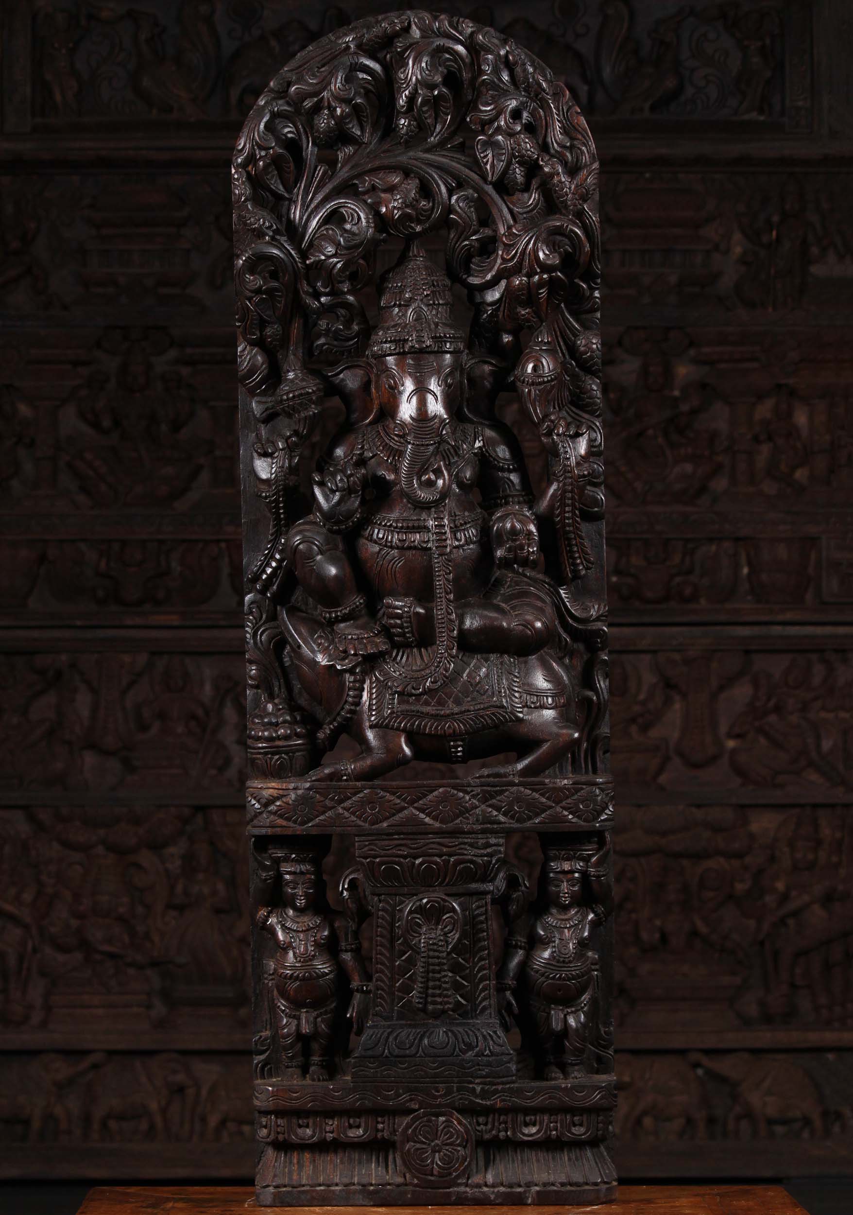 Dark Wood Ganesh Seated on Rat with 2 Gana 48"