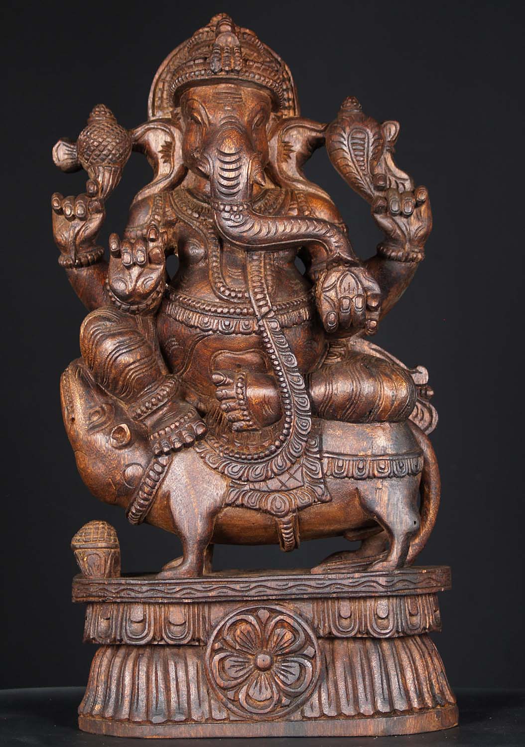 SOLD Wooden Ganesh Statue Seated On Rat 24