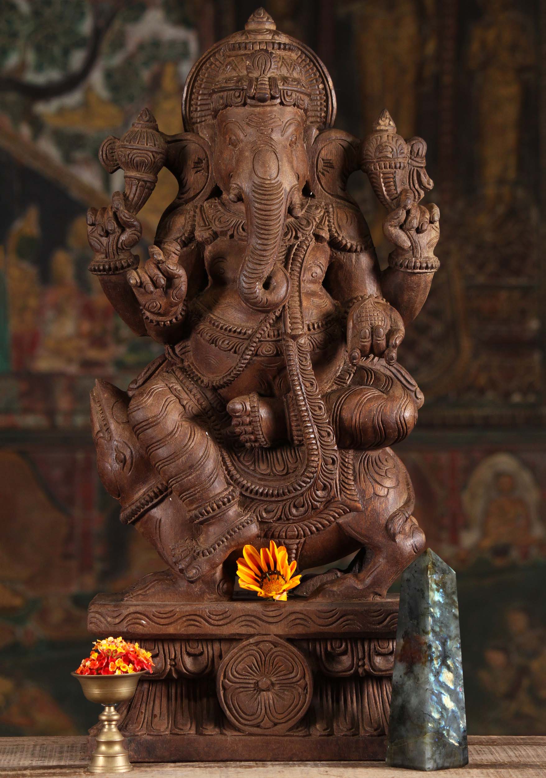 Wooden Ganesh Seated on Rat Mooshika 24"