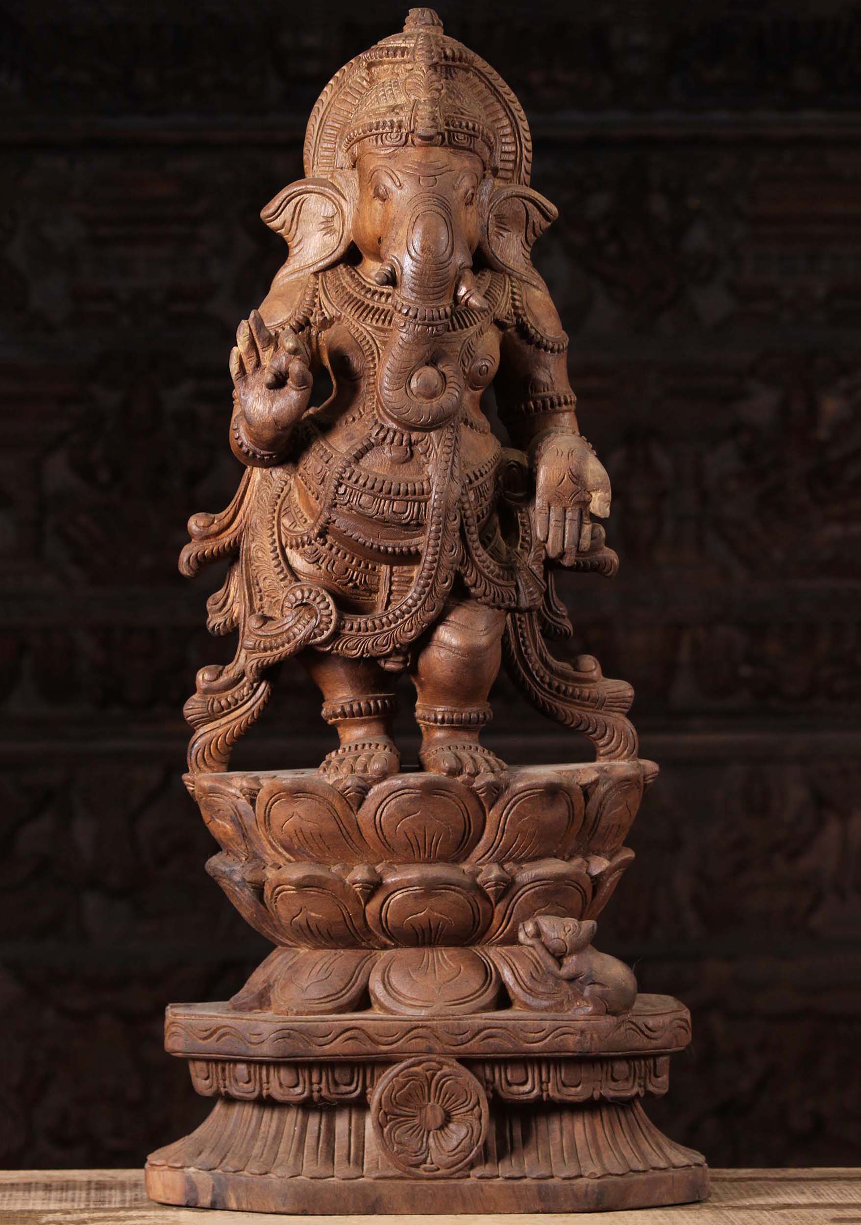 Wood Standing Ganesh on Triple Lotus Base 30"